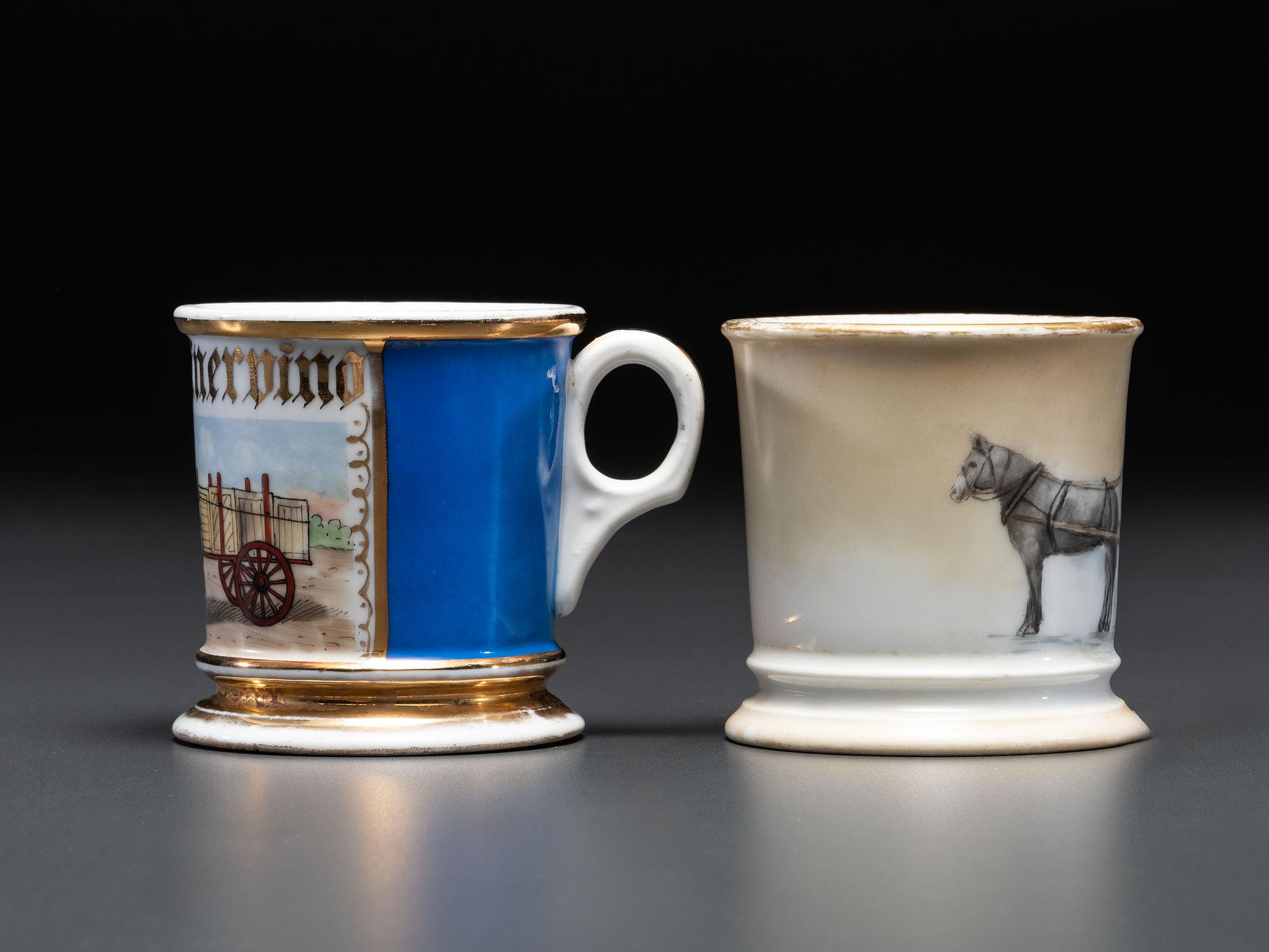 Two Horse-Drawn Delivery Wagon Porcelain Occupational Shaving Mugs