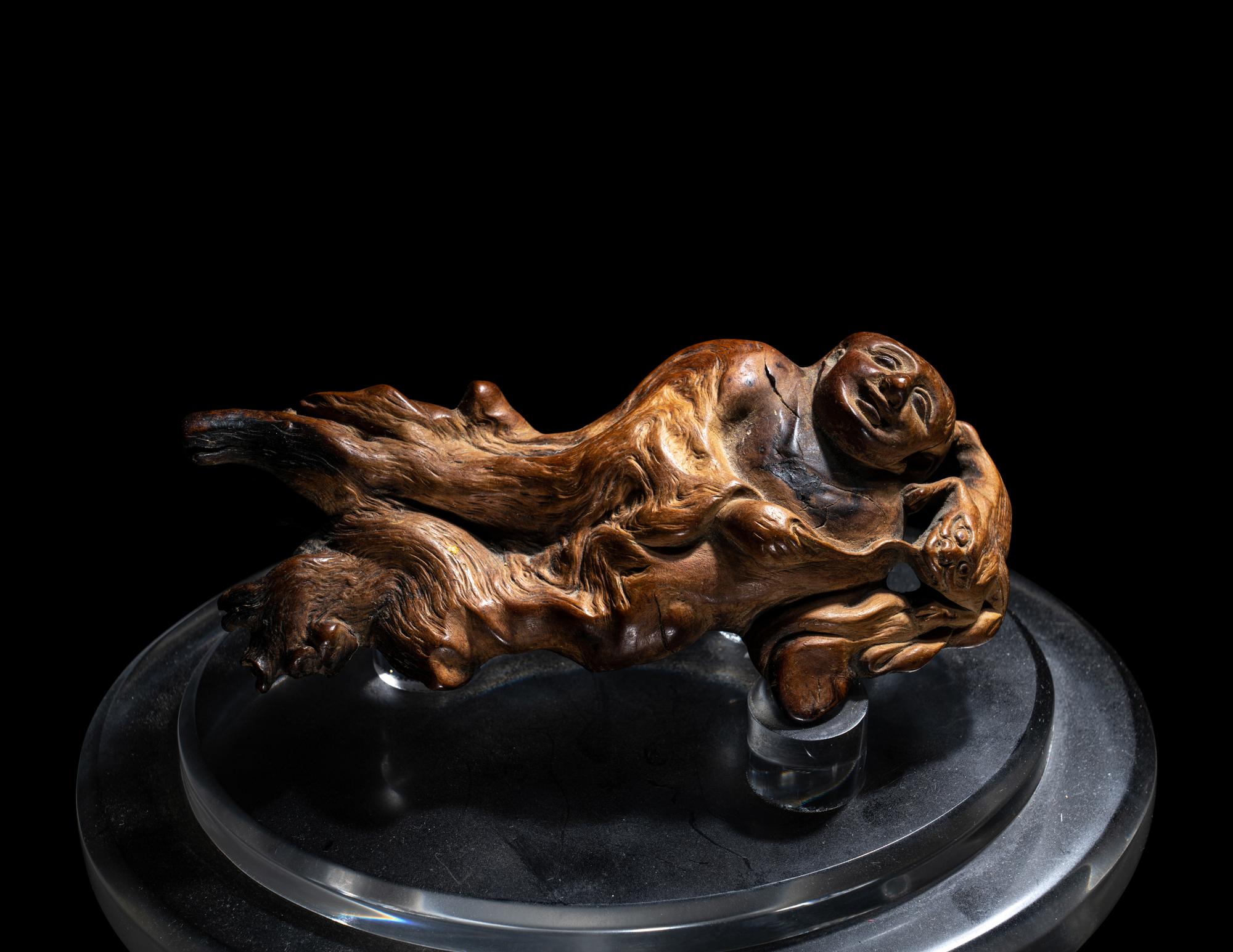 A Pair of Chinese Carved Root Wood Figures of Immortals, Hehe Exian