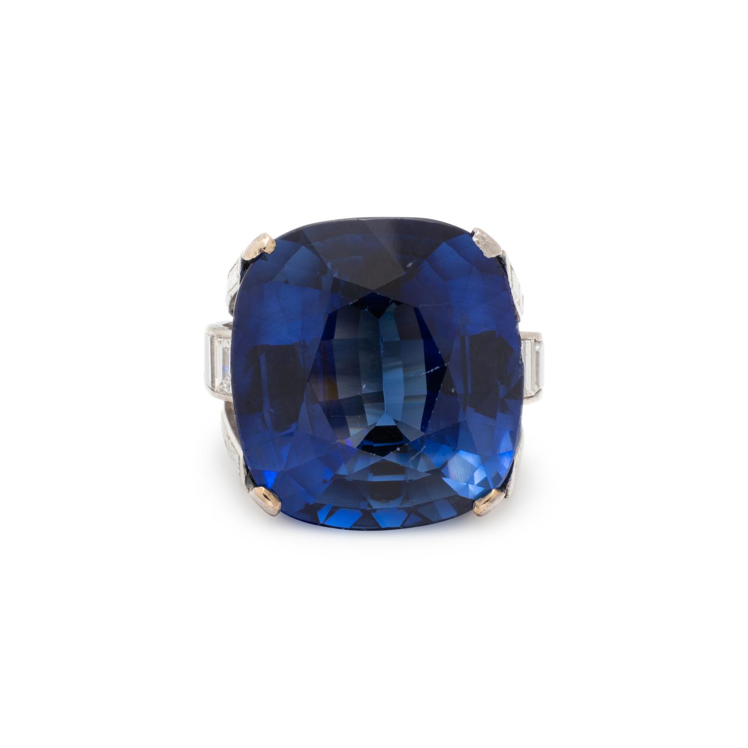 FRENCH, SYNTHETIC SAPPHIRE AND DIAMOND RING