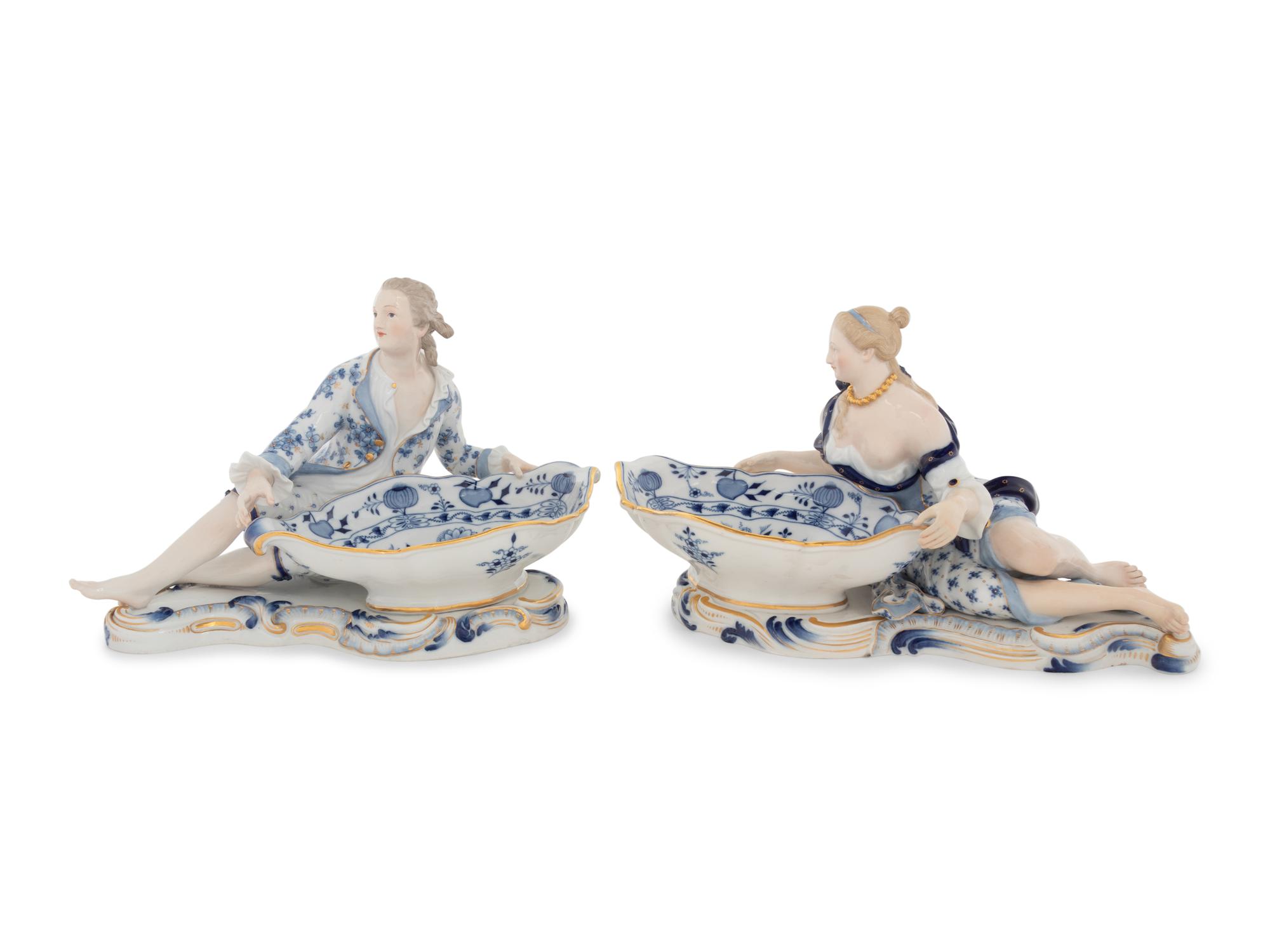 A Pair of Meissen Porcelain Blue Onion Figural Salts