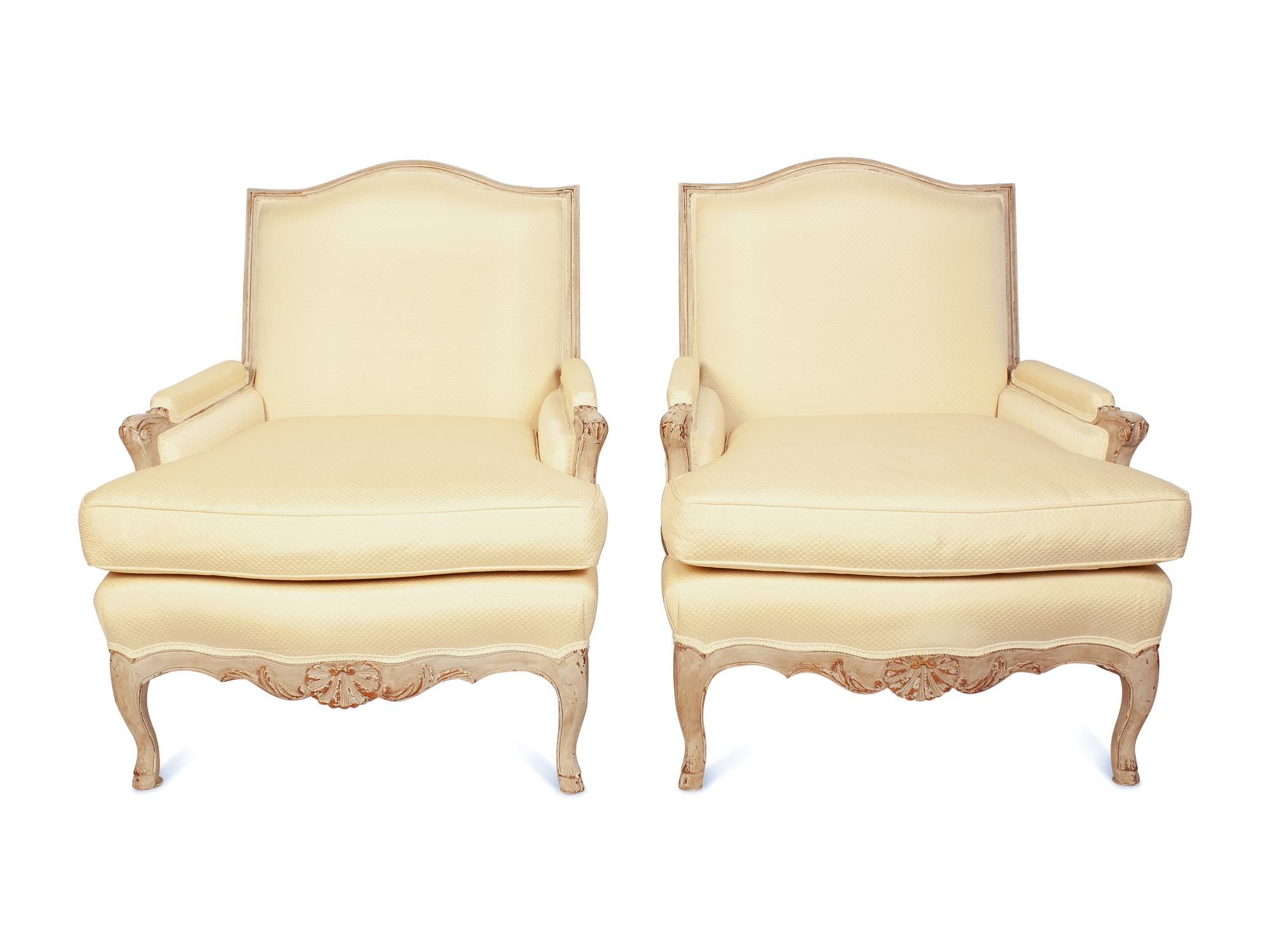 A Pair of Louis XV Style Gray-Painted Bergères