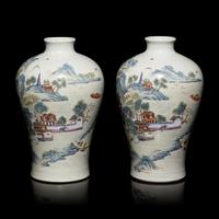 A Pair of Chinese Famille Rose 'Landscape' Porcelain Vases, 20th Century — 近代 粉彩亭台山水圖梅瓶一對