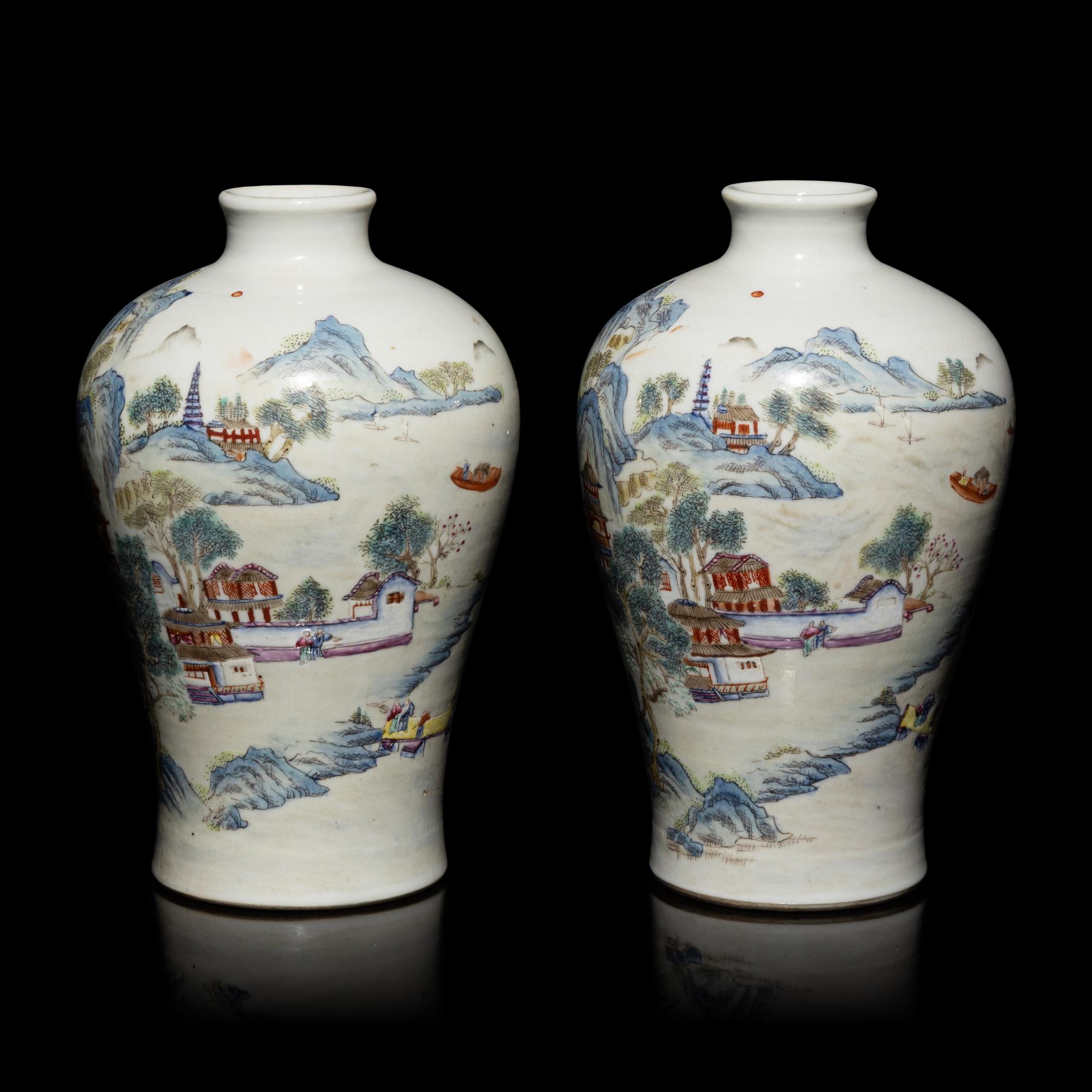 A Pair of Chinese Famille Rose 'Landscape' Porcelain Vases, 20th Century — 近代 粉彩亭台山水圖梅瓶一對