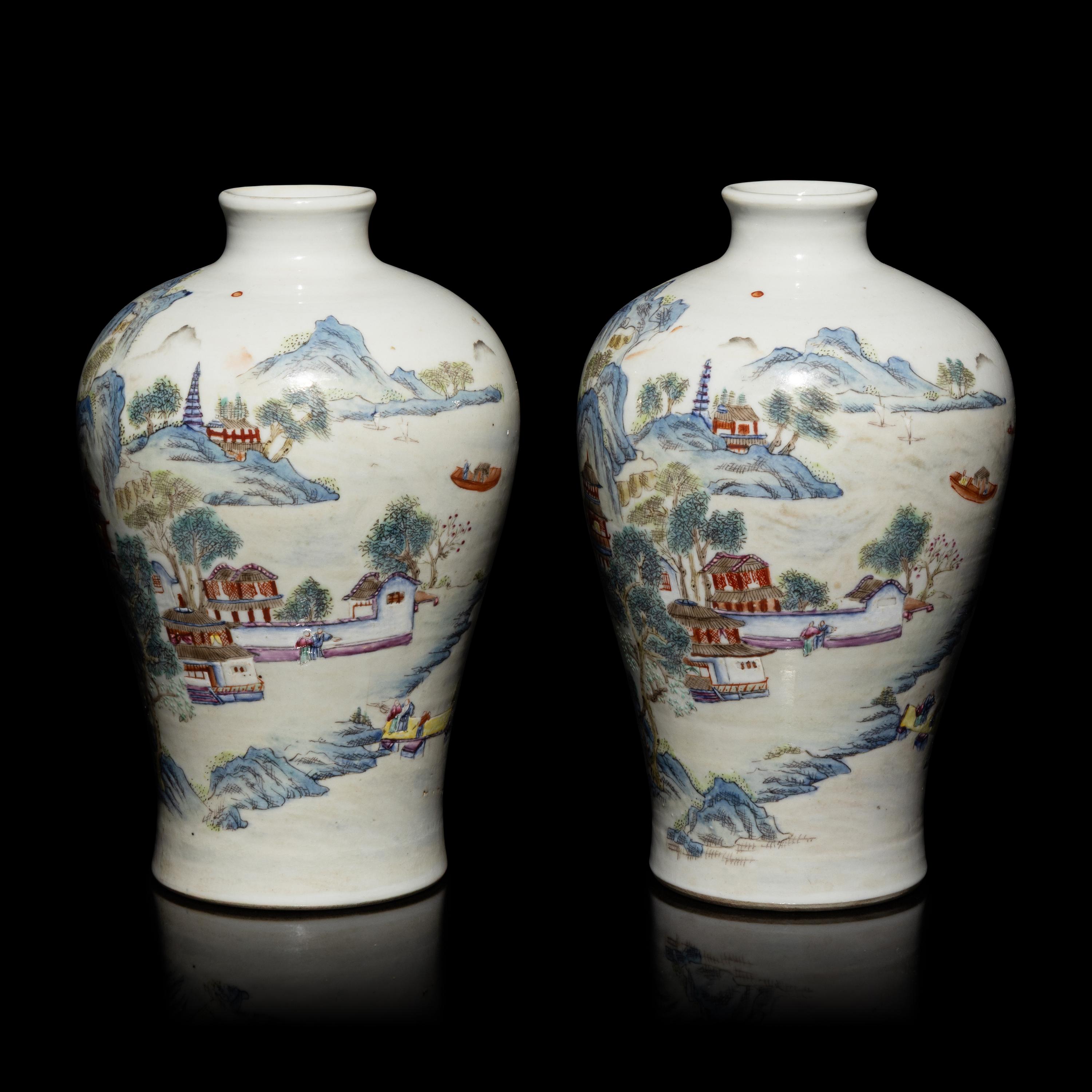 A Pair of Chinese Famille Rose 'Landscape' Porcelain Vases, 20th Century — 近代 粉彩亭台山水圖梅瓶一對