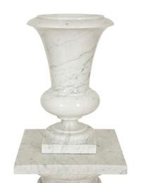 A Pair of White Marble Urns on Matching Pedestals