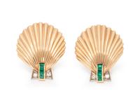 A Pair of Yellow Gold, Platinum, Diamond and Emerald Shell Earrings,
