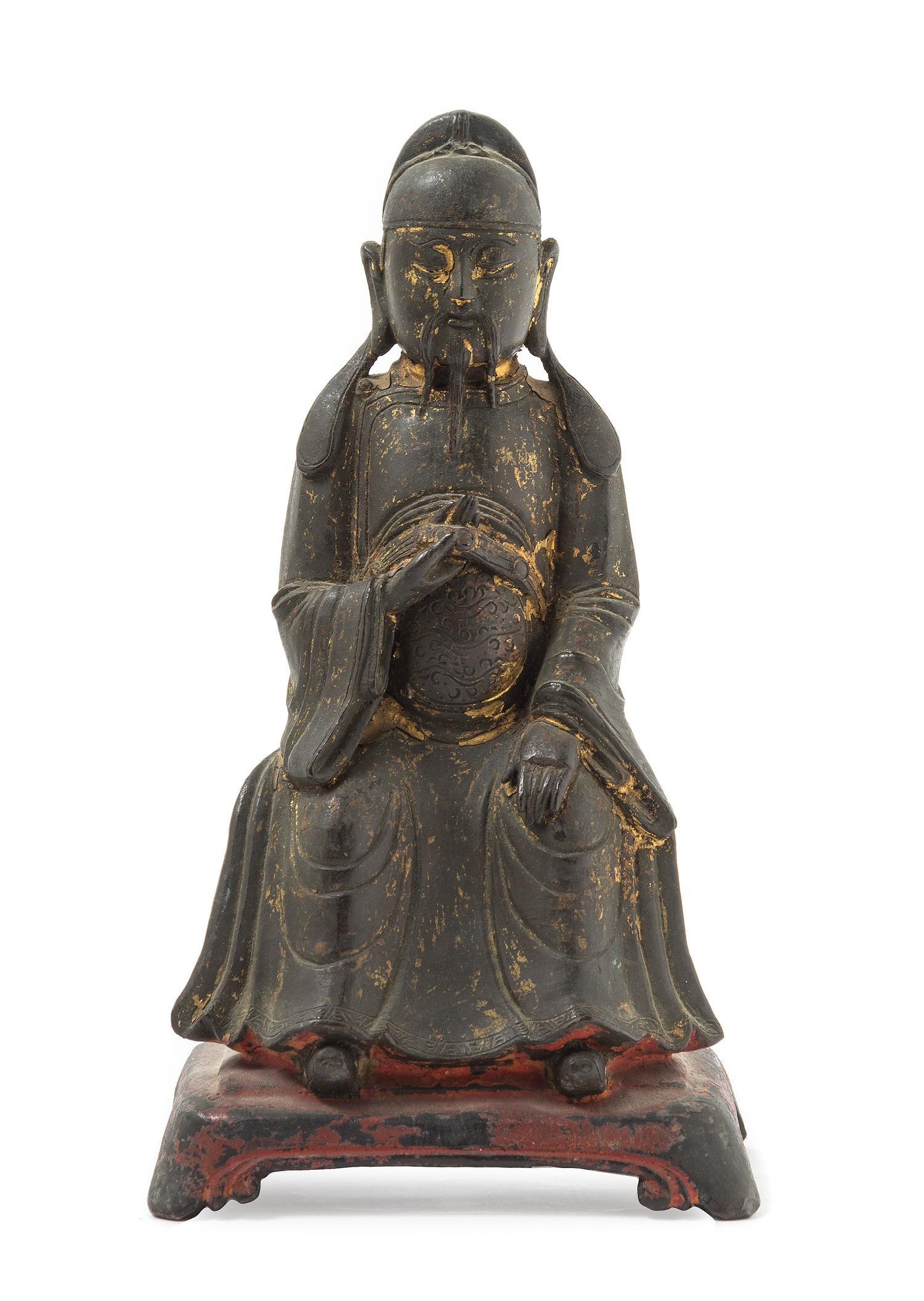 A Chinese Parcel Gilt Bronze Figure of a Scholar MING DYNASTY Height 9 1/2 inches. — MING DYNASTY
