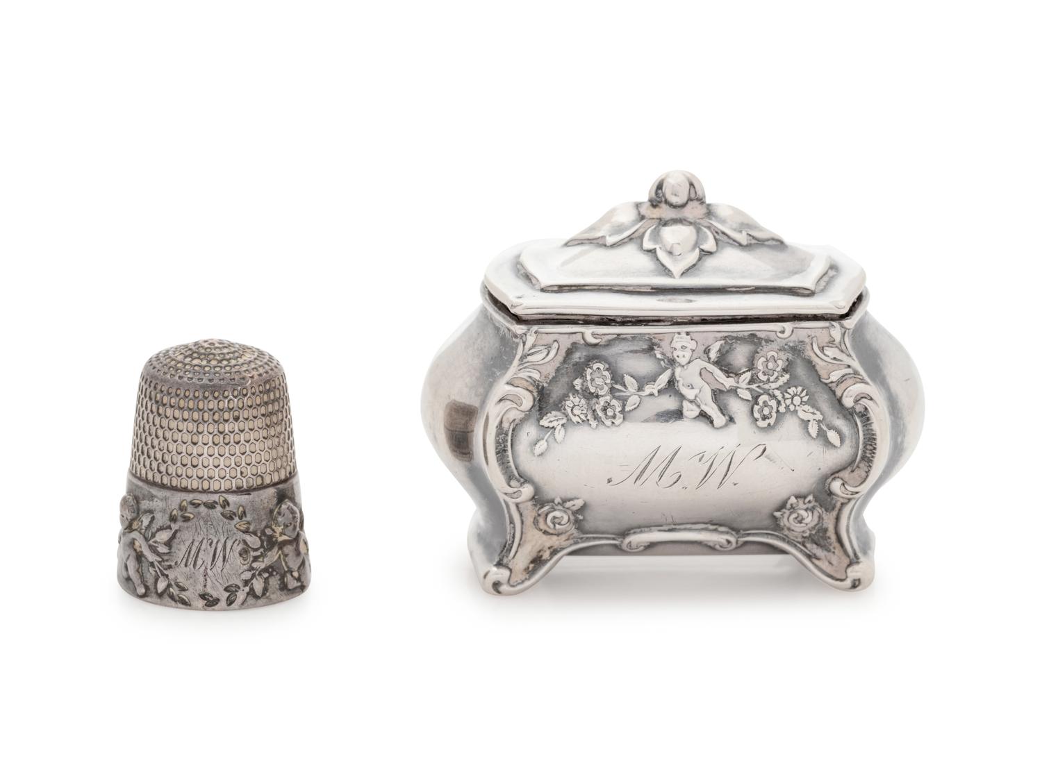 An American Silver Thimble and Thimble Case