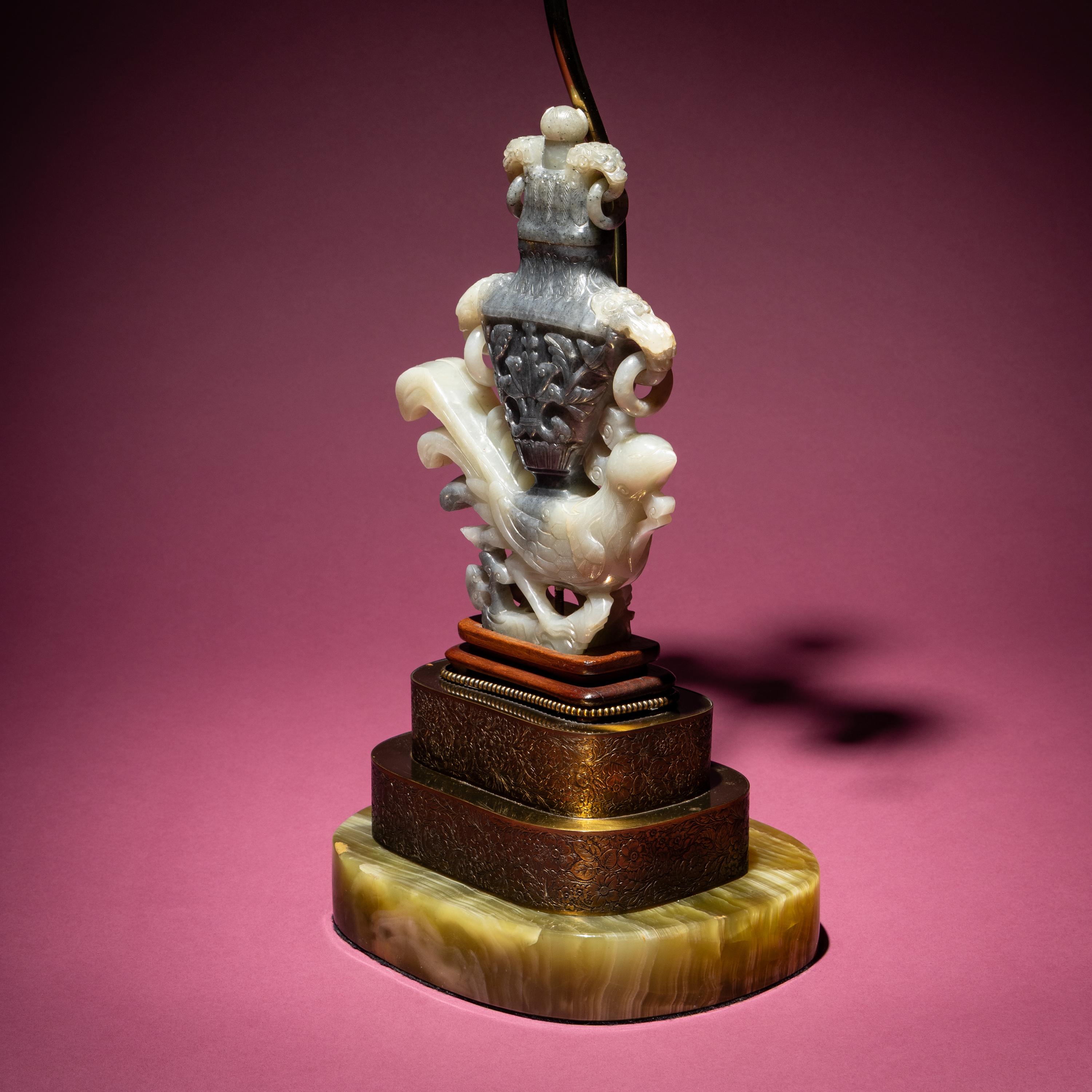 A Chinese Grey and White Jade 'Phoenix' Vase, Late Qing Dynasty — 清晚期 灰白玉雕鳳凰寶瓶