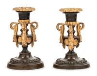 A Pair of Patinated and Gilt Bronze Candlesticks