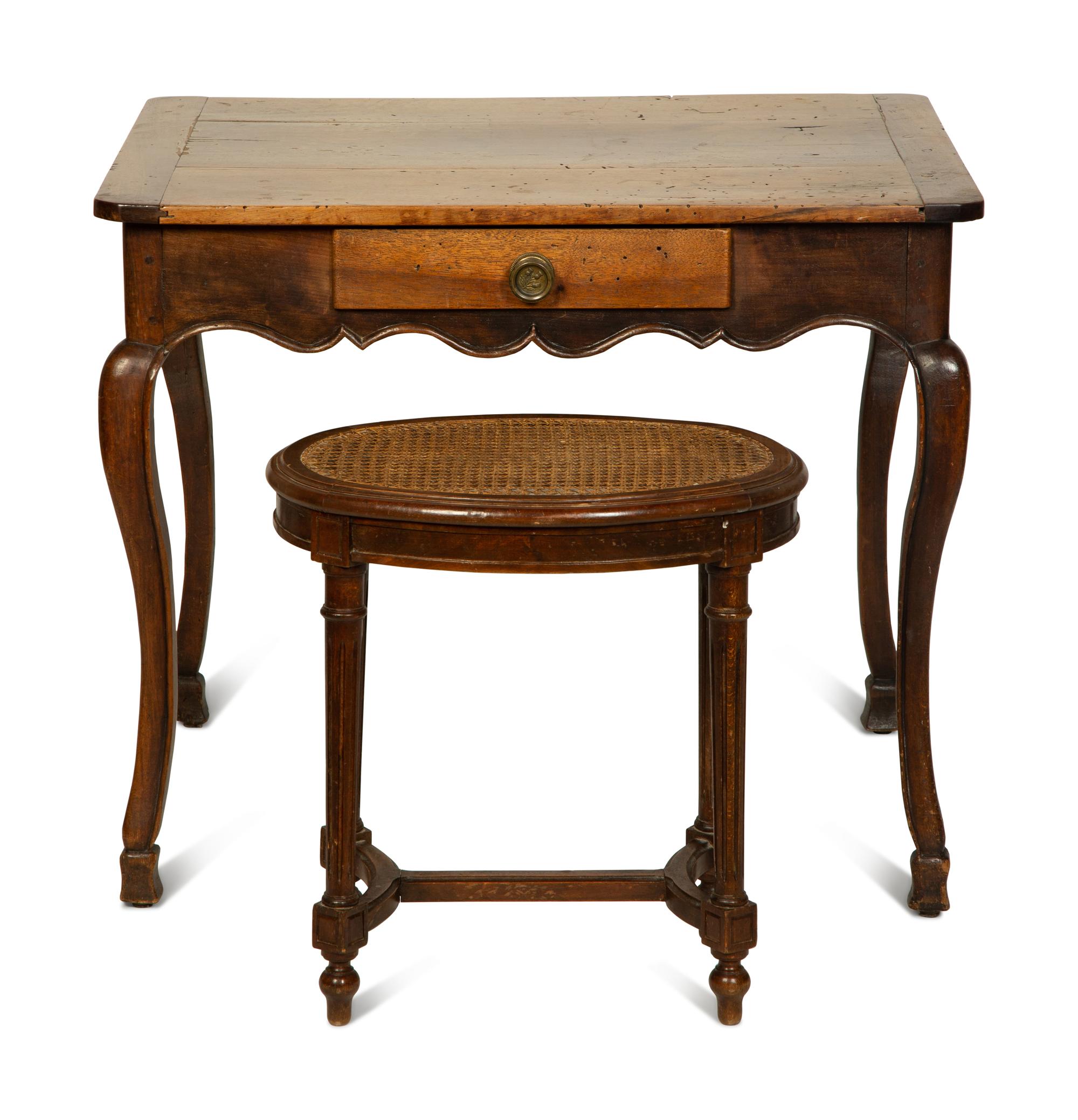 A Louis XV Style Side Table with a Louis XV Style Caned Seat Stool