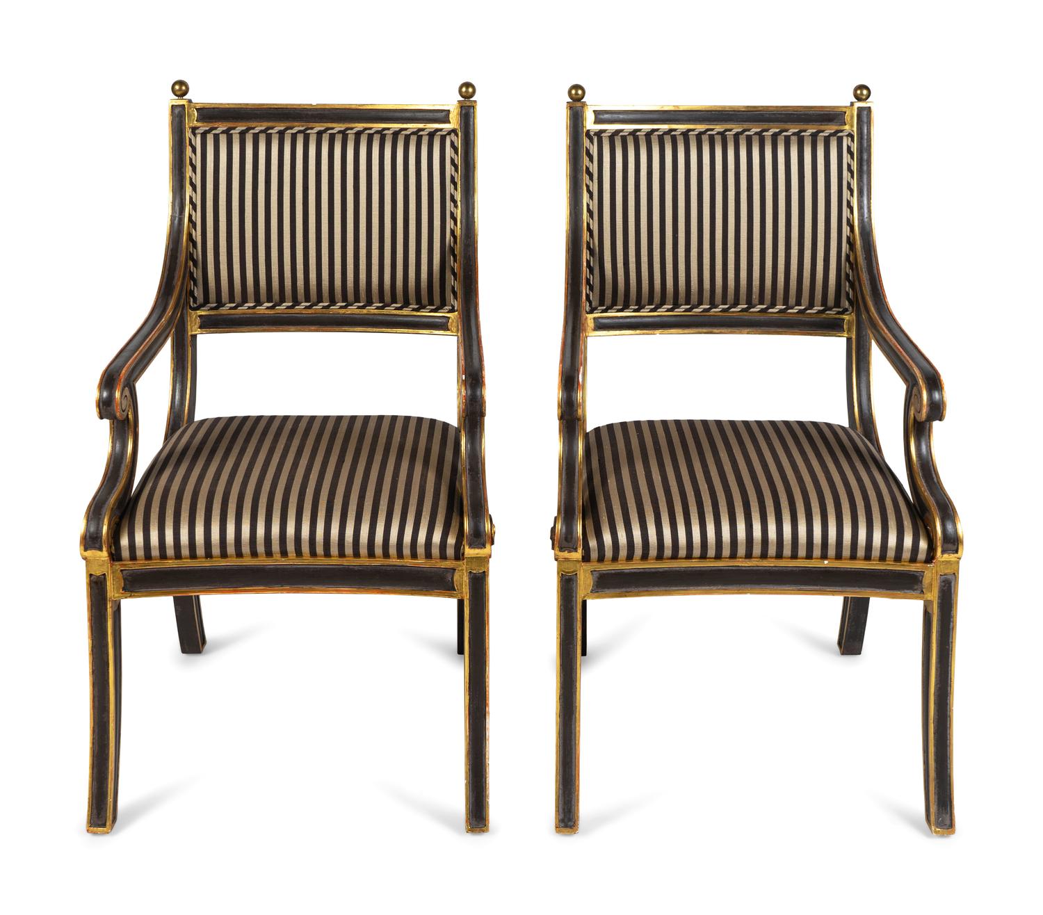 A Set of Eight Regency Style Parcel-Gilt and Black-Painted Armchairs — 20TH CENTURY