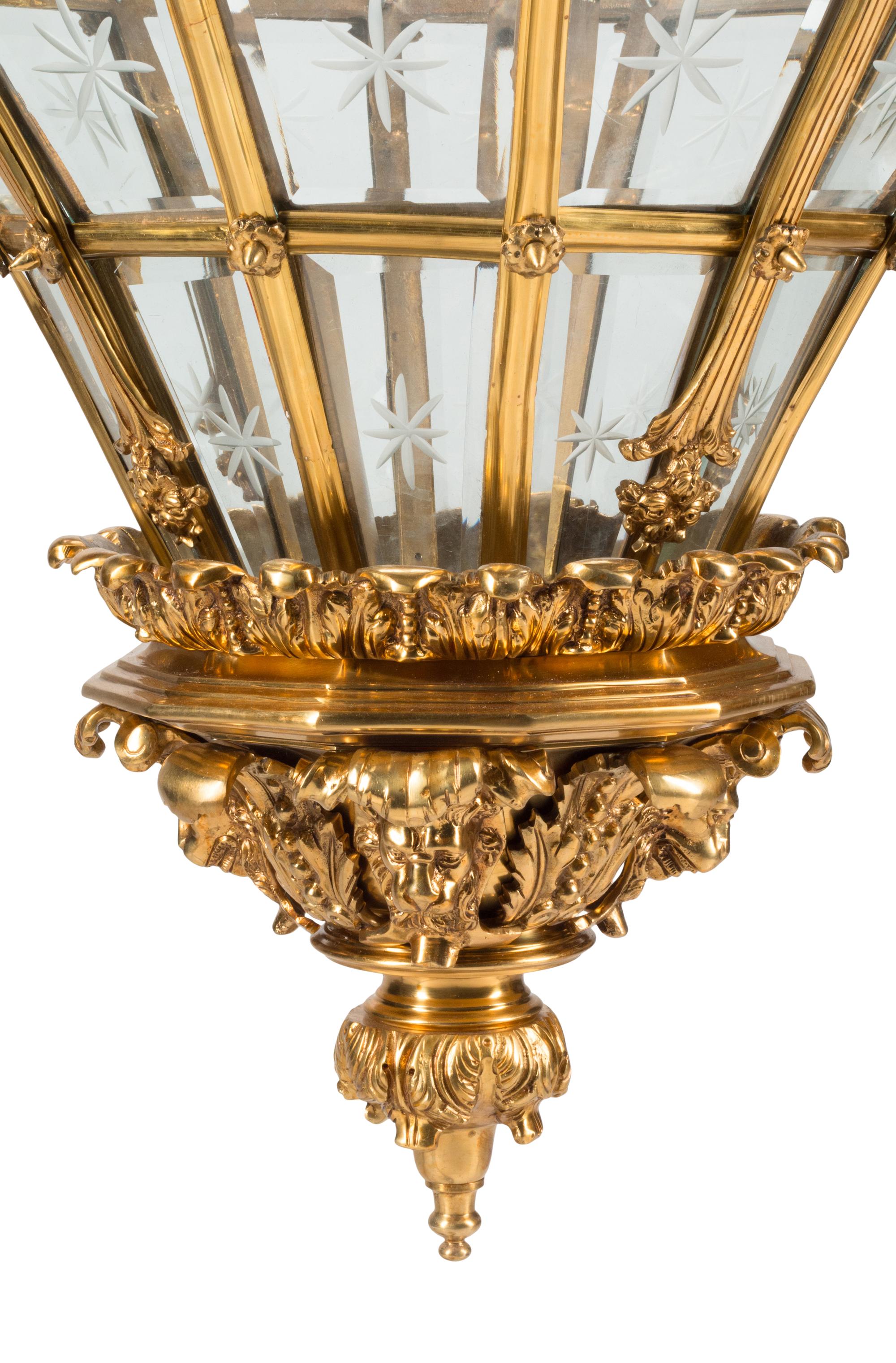 A Pair of French Neoclassical Style Gilt Bronze and Etched Glass Hall Lanterns