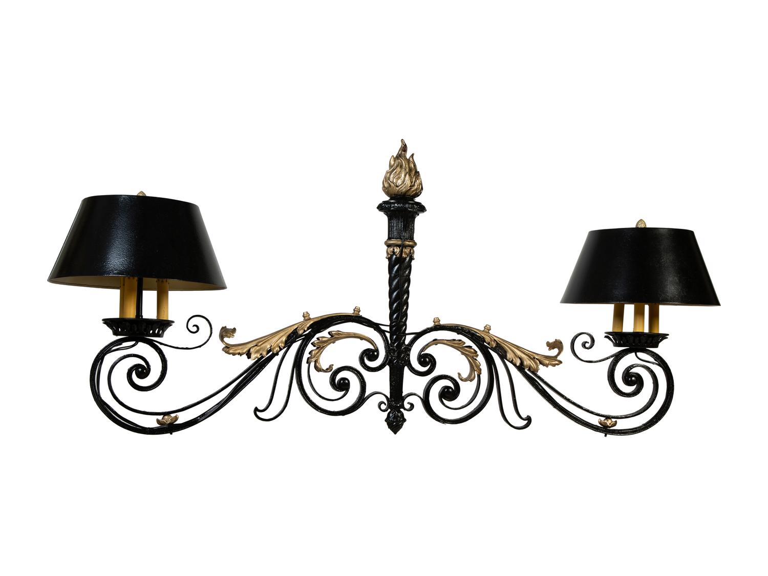 A French Black and Gilt Painted Wrought Iron Billiard Chandelier — EARLY 20TH CENTURY