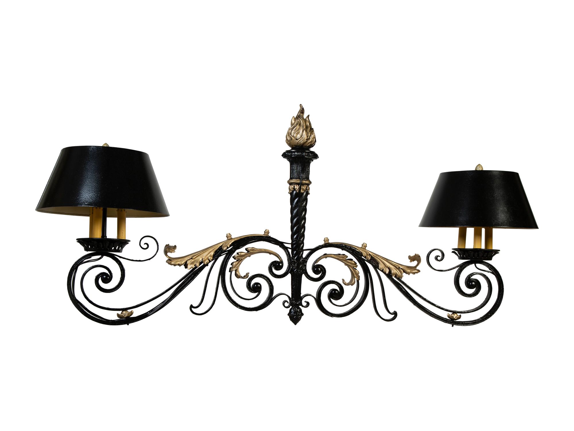A French Black and Gilt Painted Wrought Iron Billiard Chandelier — EARLY 20TH CENTURY