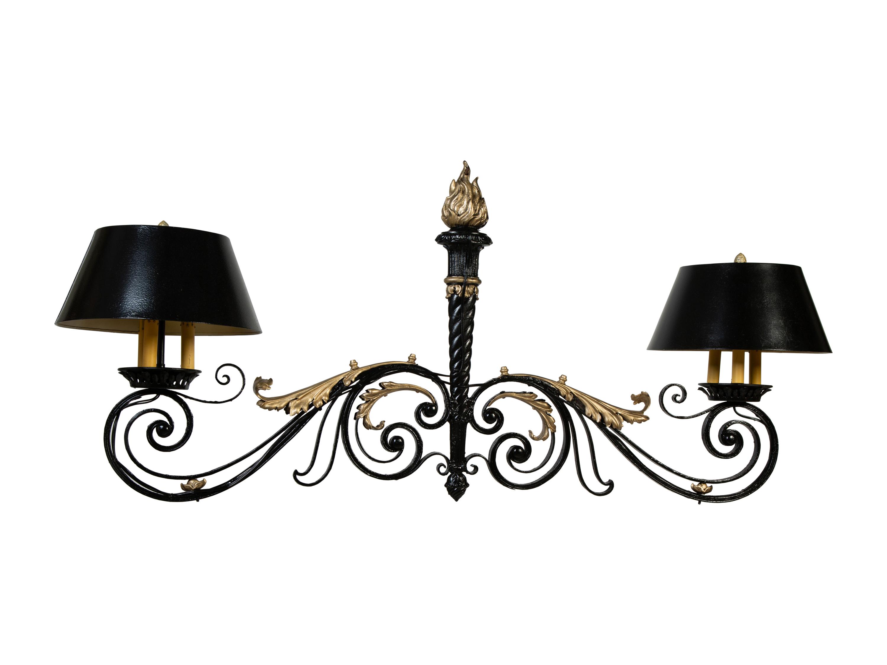 A French Black and Gilt Painted Wrought Iron Billiard Chandelier — EARLY 20TH CENTURY
