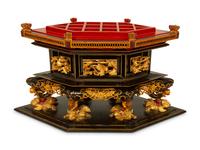 A Straits Chinese Lacquer and Gilt Six-Sided Chanab Offering Box and Stand — 20TH CENTURY