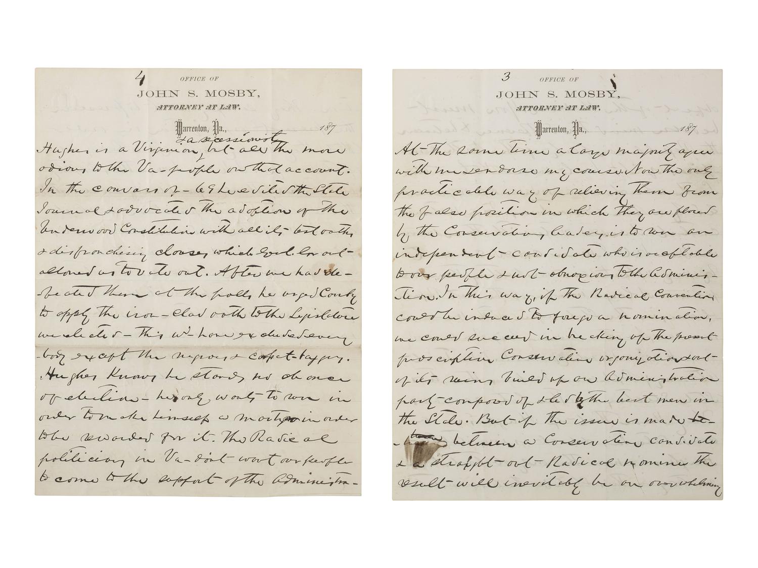 MOSBY, JOHN S. (1833-1916). ALS to J. A. J. Cresswell. Warrenton, VA, 22 June 1873. Mosby explains his political predicament within Virginia's discordant postwar Republican Party.