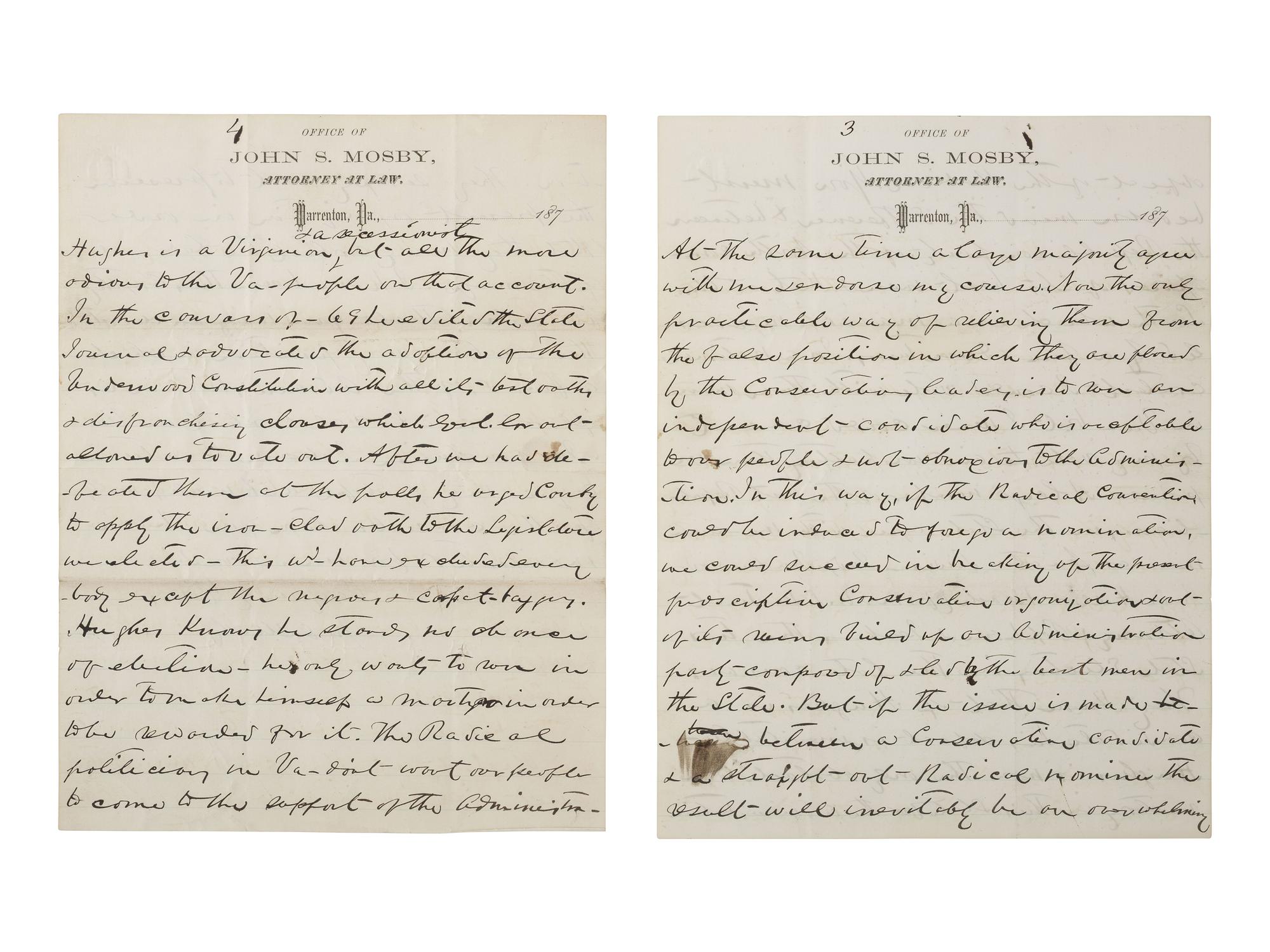 MOSBY, JOHN S. (1833-1916). ALS to J. A. J. Cresswell. Warrenton, VA, 22 June 1873. Mosby explains his political predicament within Virginia's discordant postwar Republican Party.