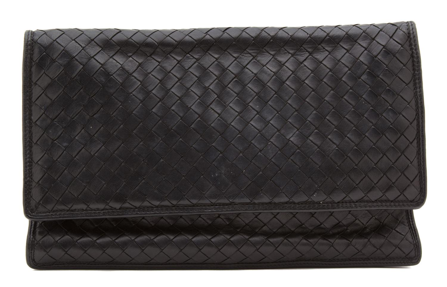 A Bottega Veneta Black Intrecciato Flap Handbag, 12" x 8" x 1".