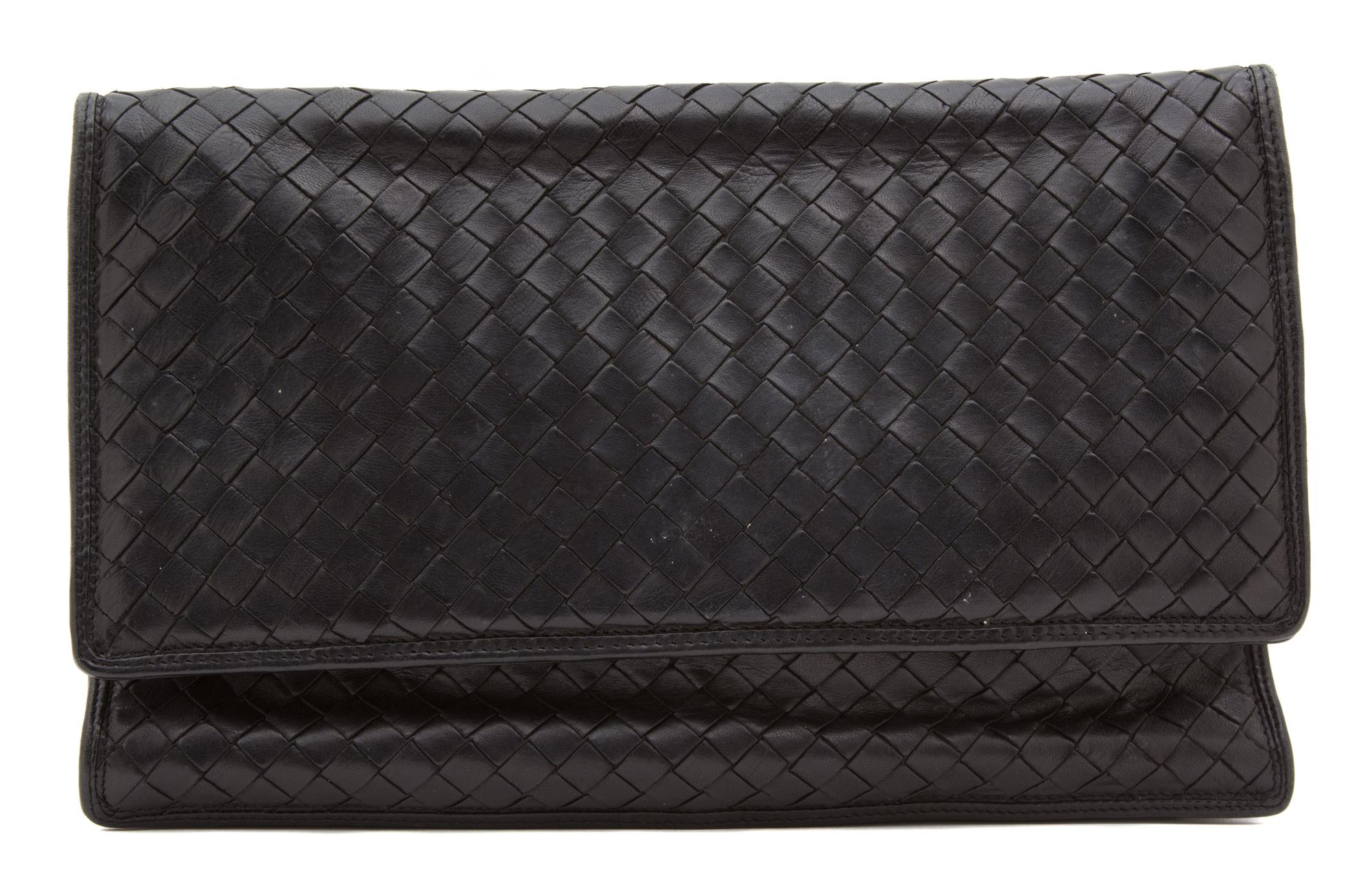 A Bottega Veneta Black Intrecciato Flap Handbag, 12" x 8" x 1".
