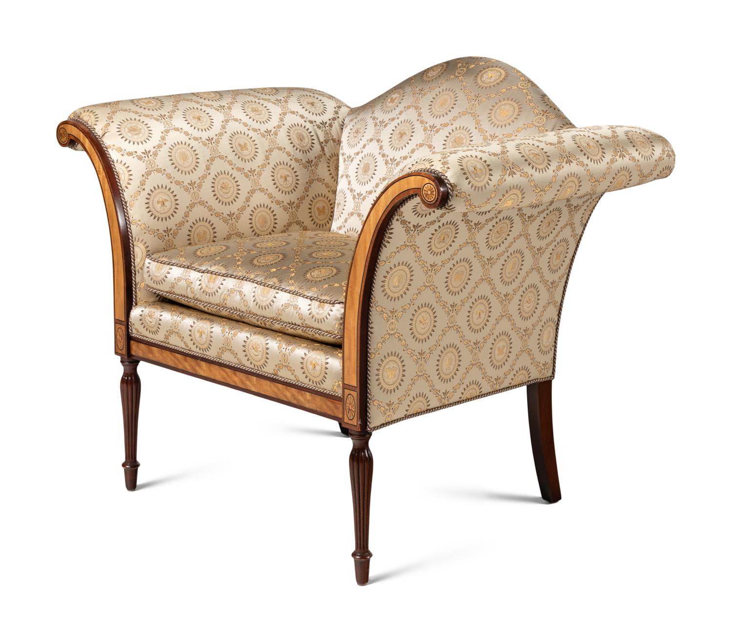 A Pair of of Regency Style Camelback Armchairs with Damask Upholstery
