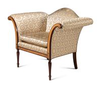 A Pair of of Regency Style Camelback Armchairs with Damask Upholstery