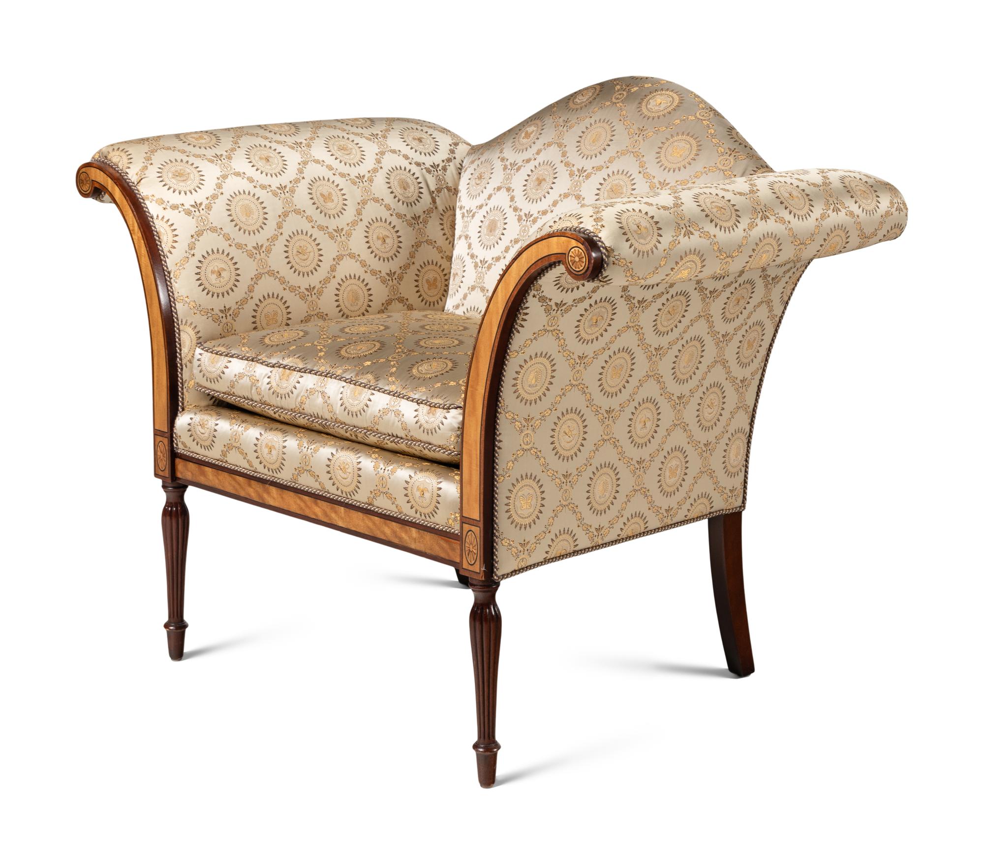 A Pair of of Regency Style Camelback Armchairs with Damask Upholstery