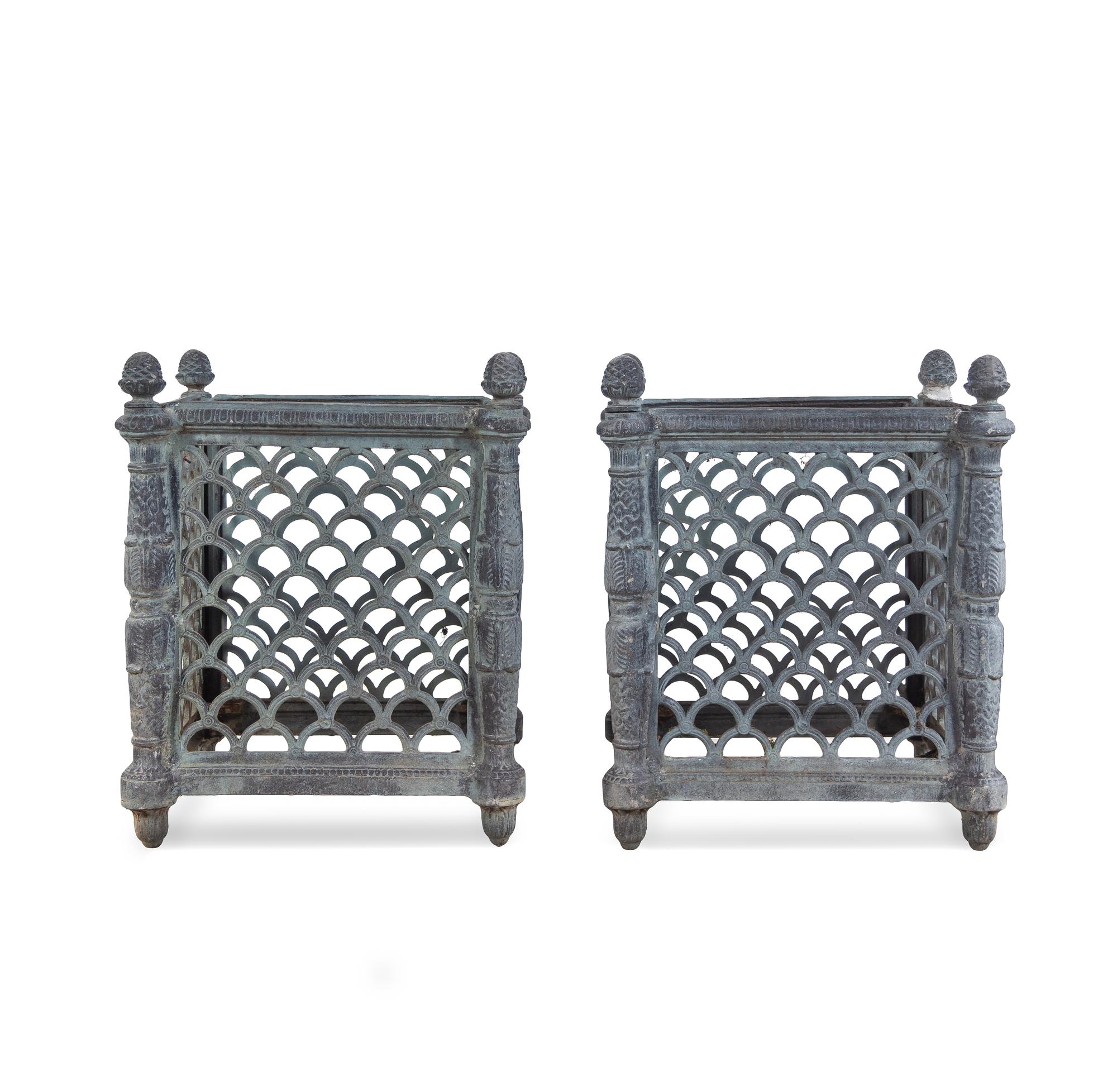 A Pair of French Style Patinated Cast Metal Rectangular Jardinières
