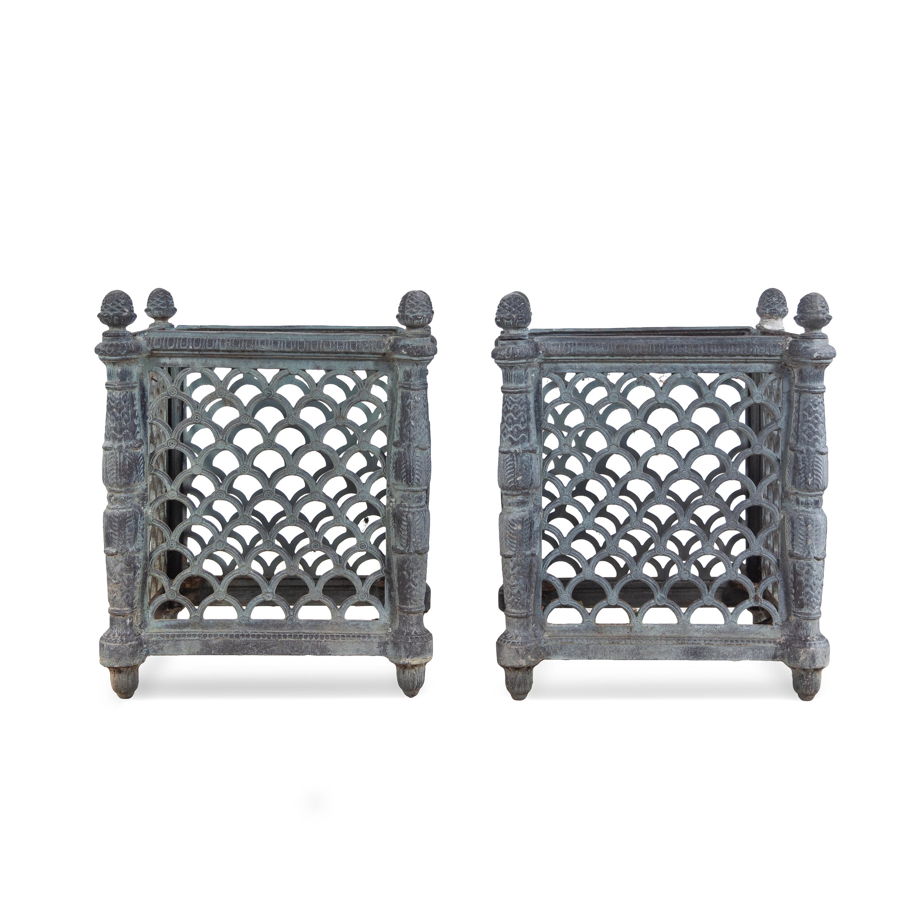 A Pair of French Style Patinated Cast Metal Rectangular Jardinières