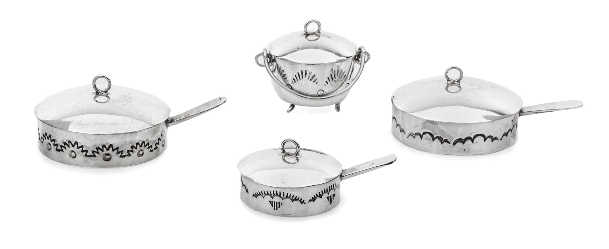 A Group of Four Native American Silver Serving Articles, Elizabeth Whitman, Navajo, comprising three covered sautee pans and a covered