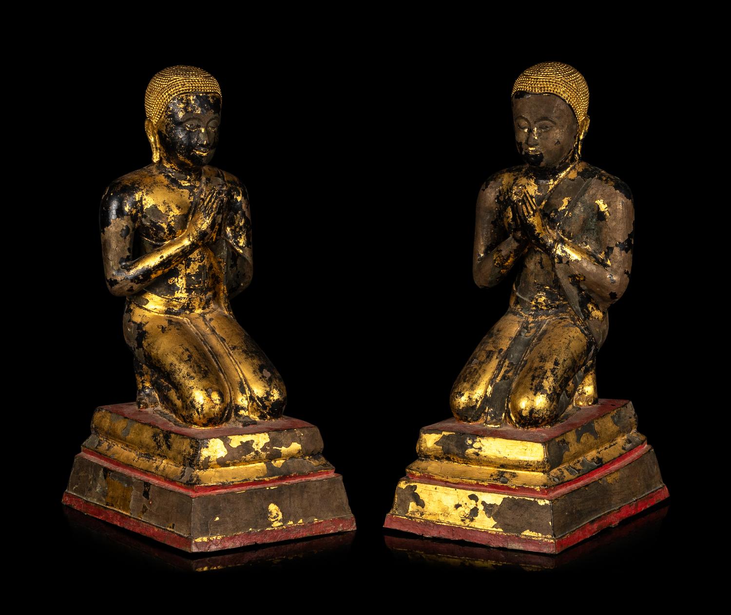 Two Pairs of Burmese Figures of Kneeling Monks