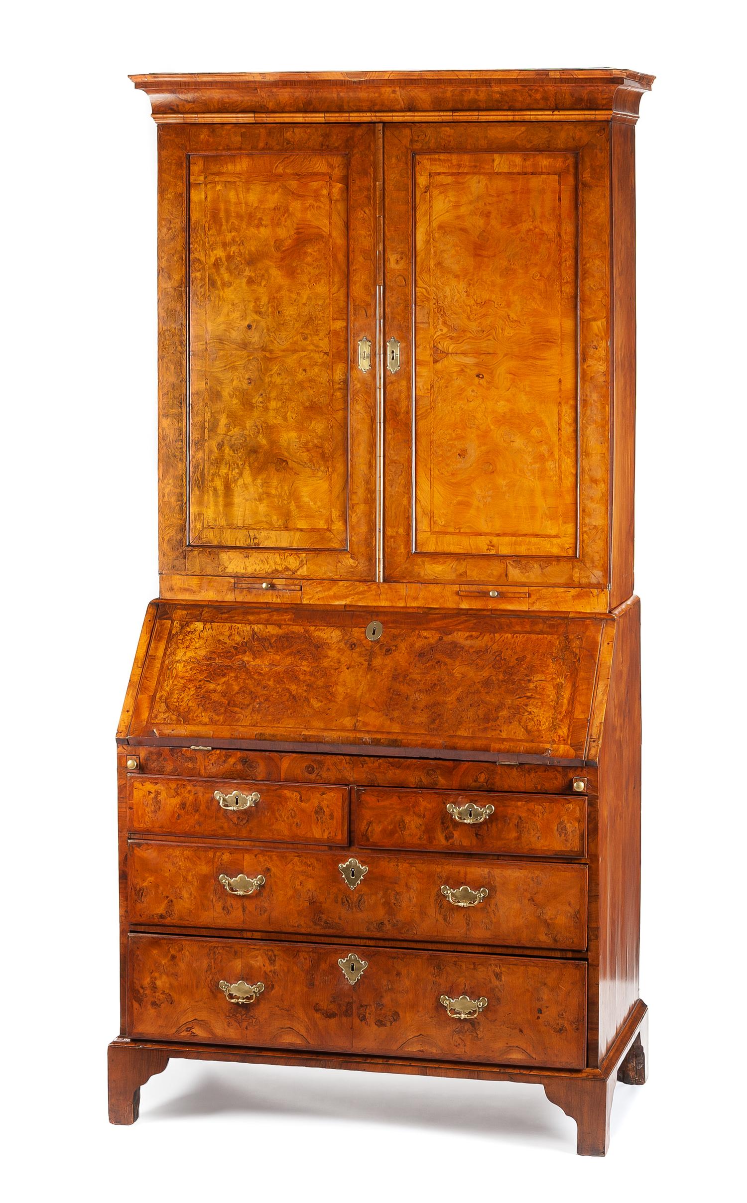 A George III Burl Walnut Secretary Bookcase Height 88 x width 40 1/2 x depth 23 inches. — CIRCA 1800