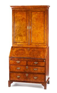 A George III Burl Walnut Secretary Bookcase Height 88 x width 40 1/2 x depth 23 inches. — CIRCA 1800