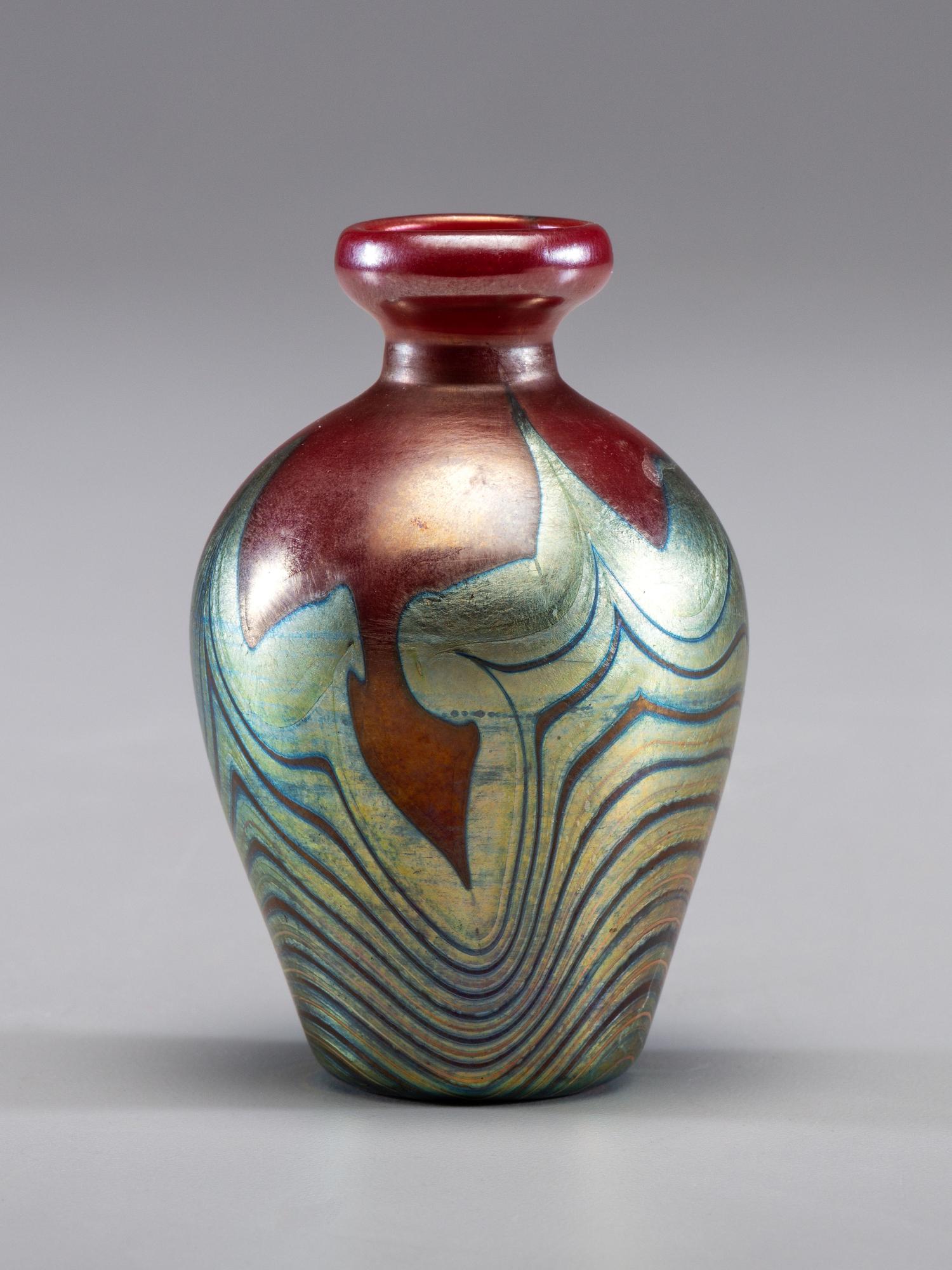 Gold Iridescent Hooked Feather on Red Vase, c. 1900