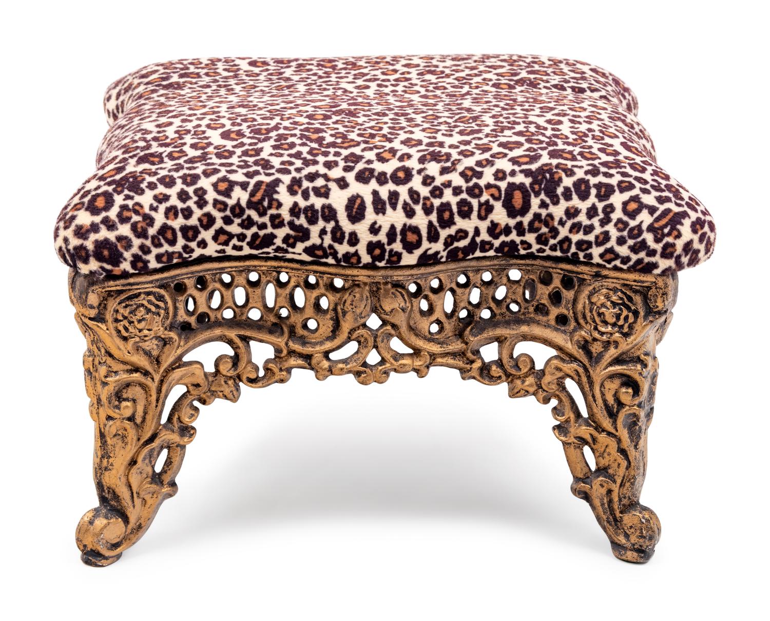 A Brass Foot Stool with Cheetah Print Upholstery