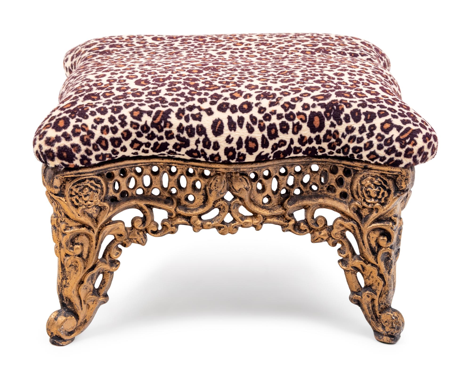 A Brass Foot Stool with Cheetah Print Upholstery