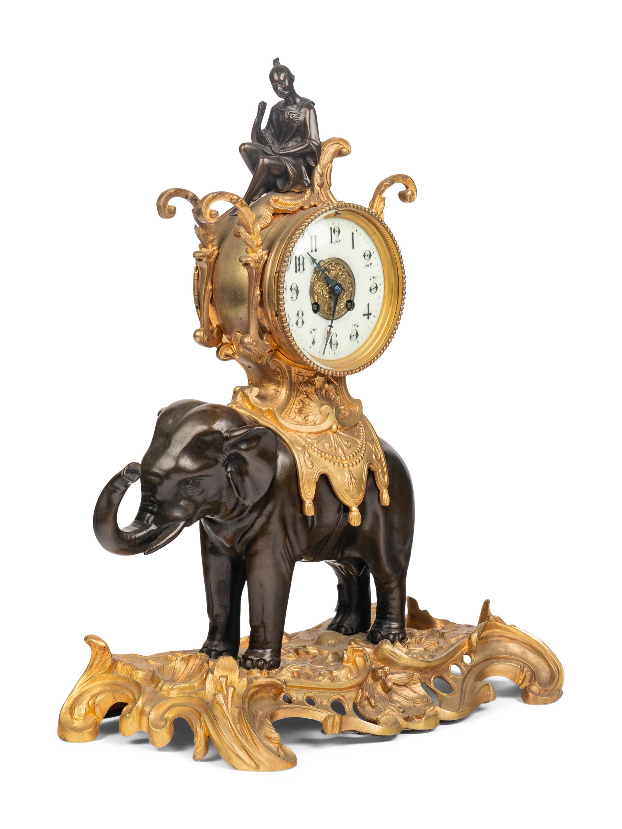 A French Gilt and Patinated Bronze Elephant and Rider Mantel Clock