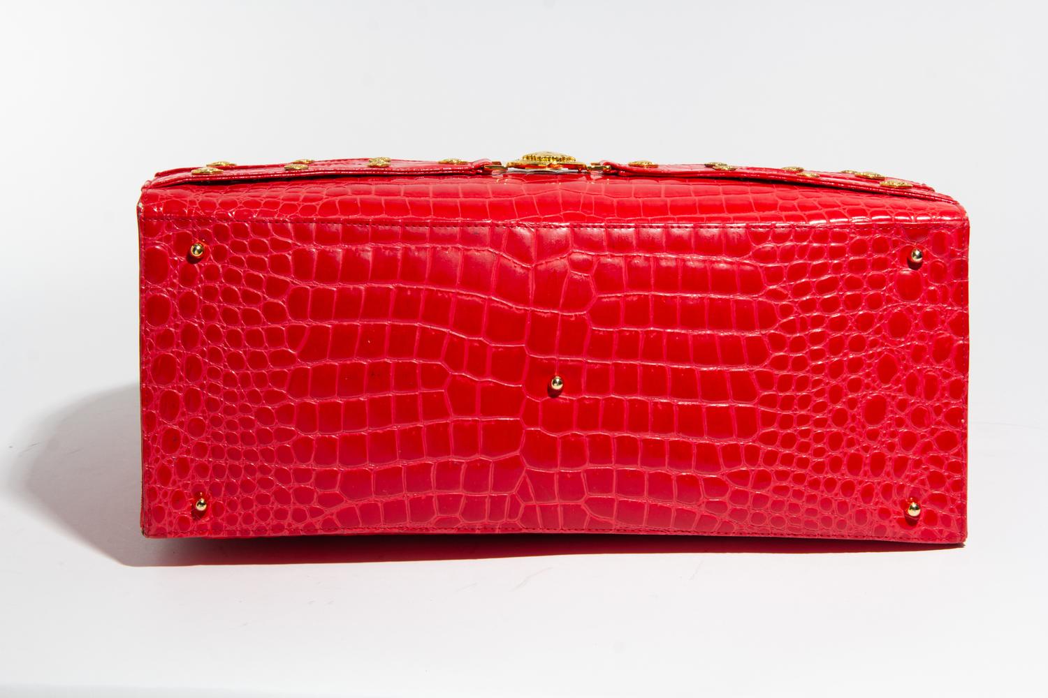 A Gianni Versace Red Croc Embossed Oversized Medusa Bag, 15.5" x 13" x 6.5"; Handle drop: 5.75"