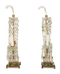A Pair of Continental Gilt Metal and Glass Two-Light Candelabra
