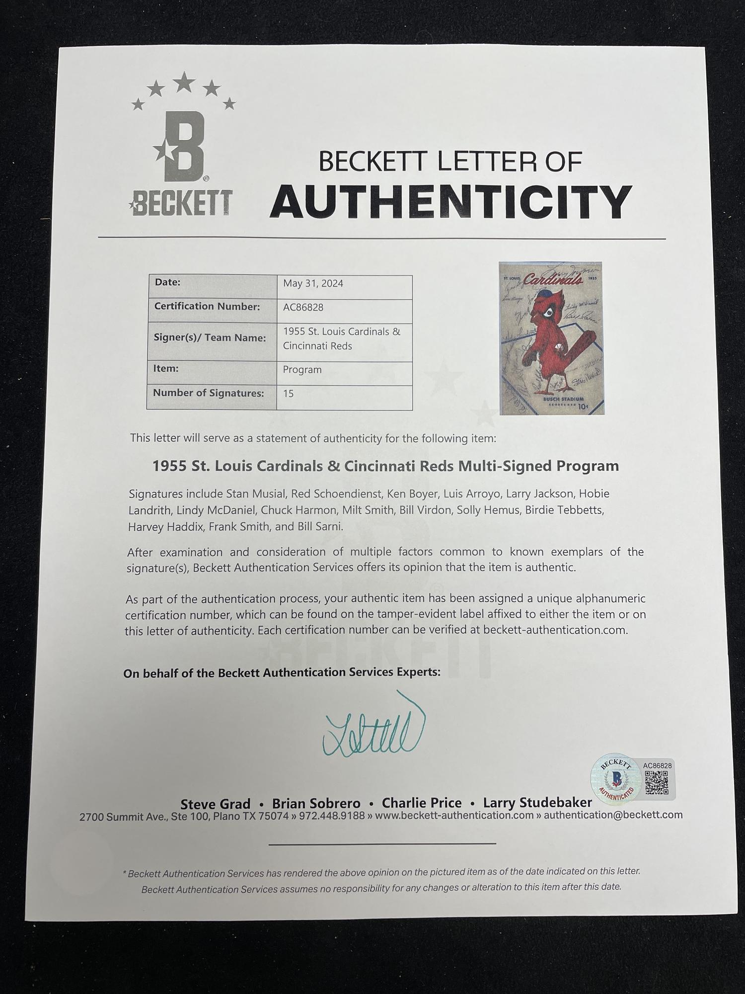 A 1955 St. Louis Cardinals and Cincinnati Reds Multi Signed Autograph Program Scorecard Featuring Stan Musial (Beckett Authentication Services)