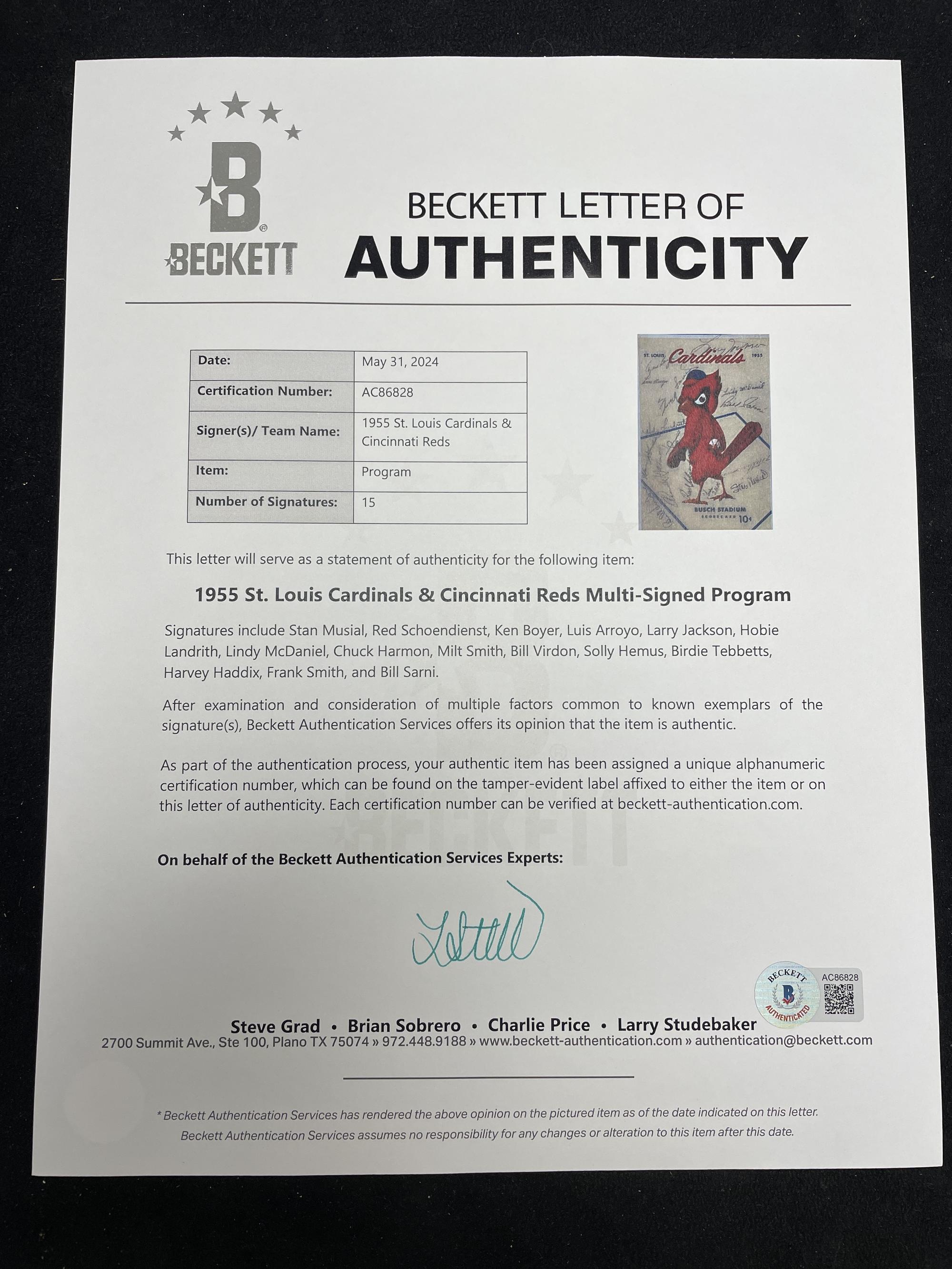 A 1955 St. Louis Cardinals and Cincinnati Reds Multi Signed Autograph Program Scorecard Featuring Stan Musial (Beckett Authentication Services)