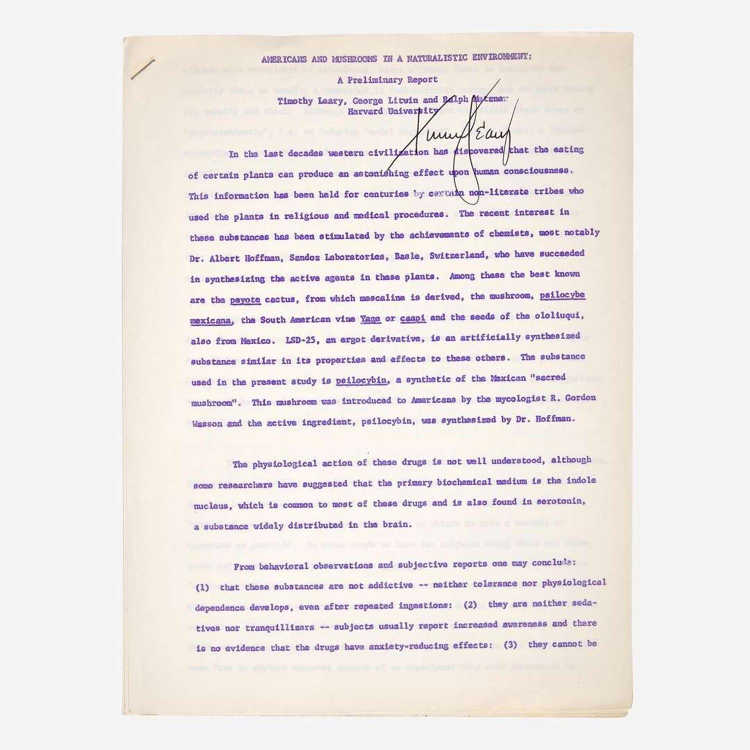 [Counter-Culture] Leary, Timothy, and George Litwin and Ralph Metzner Americans and Mushrooms in a Naturalistic Environment: A Preliminary Report