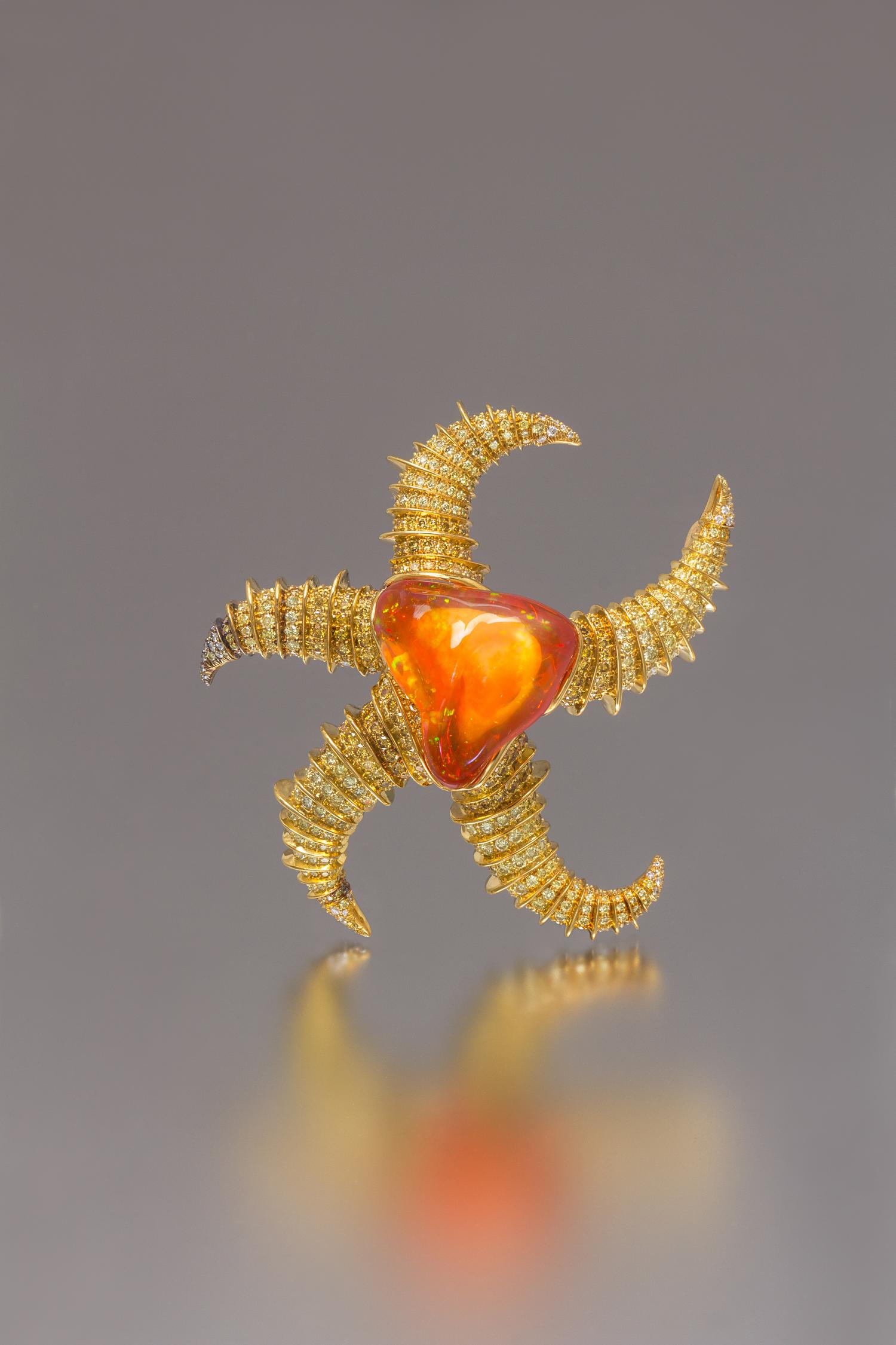 An 18 Karat Yellow Gold, Fire Opal, Colored Diamond and Diamond Starfish Brooch, N. Varney, 49.70 dwts.