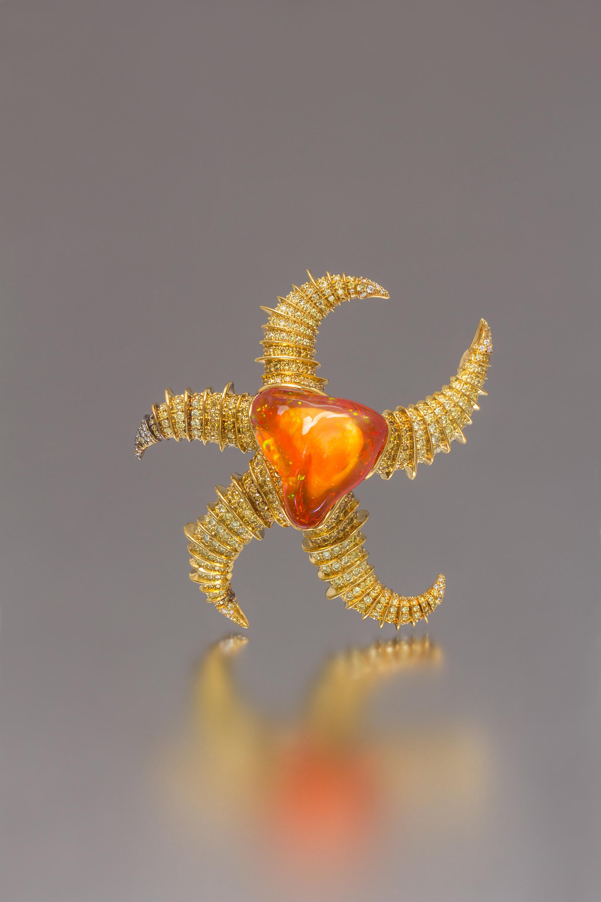An 18 Karat Yellow Gold, Fire Opal, Colored Diamond and Diamond Starfish Brooch, N. Varney, 49.70 dwts.