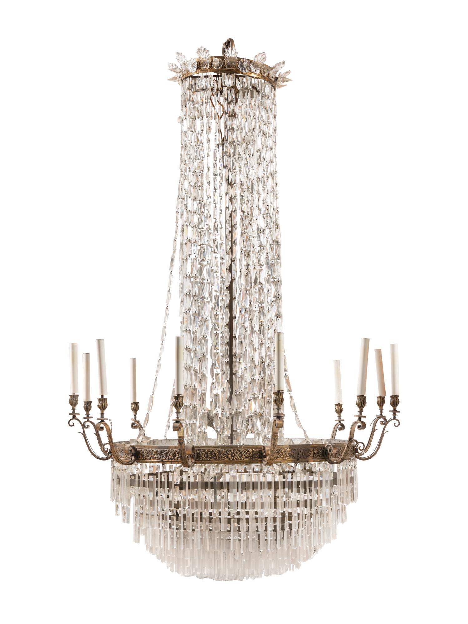 Two Large Gilt Metal and Cut Glass Chandeliers from the Embassy of Italy, Washington, D.C.