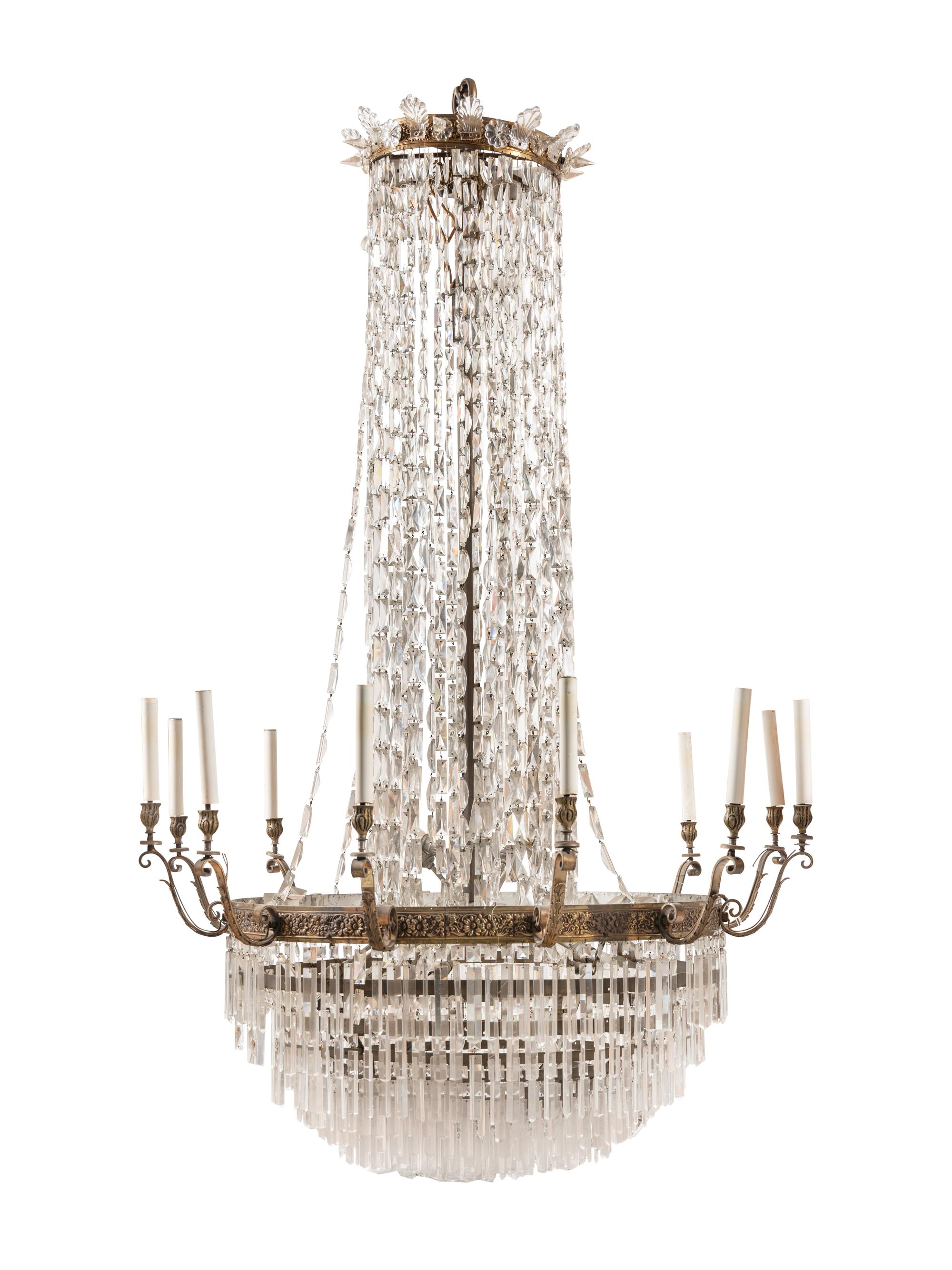 Two Large Gilt Metal and Cut Glass Chandeliers from the Embassy of Italy, Washington, D.C.