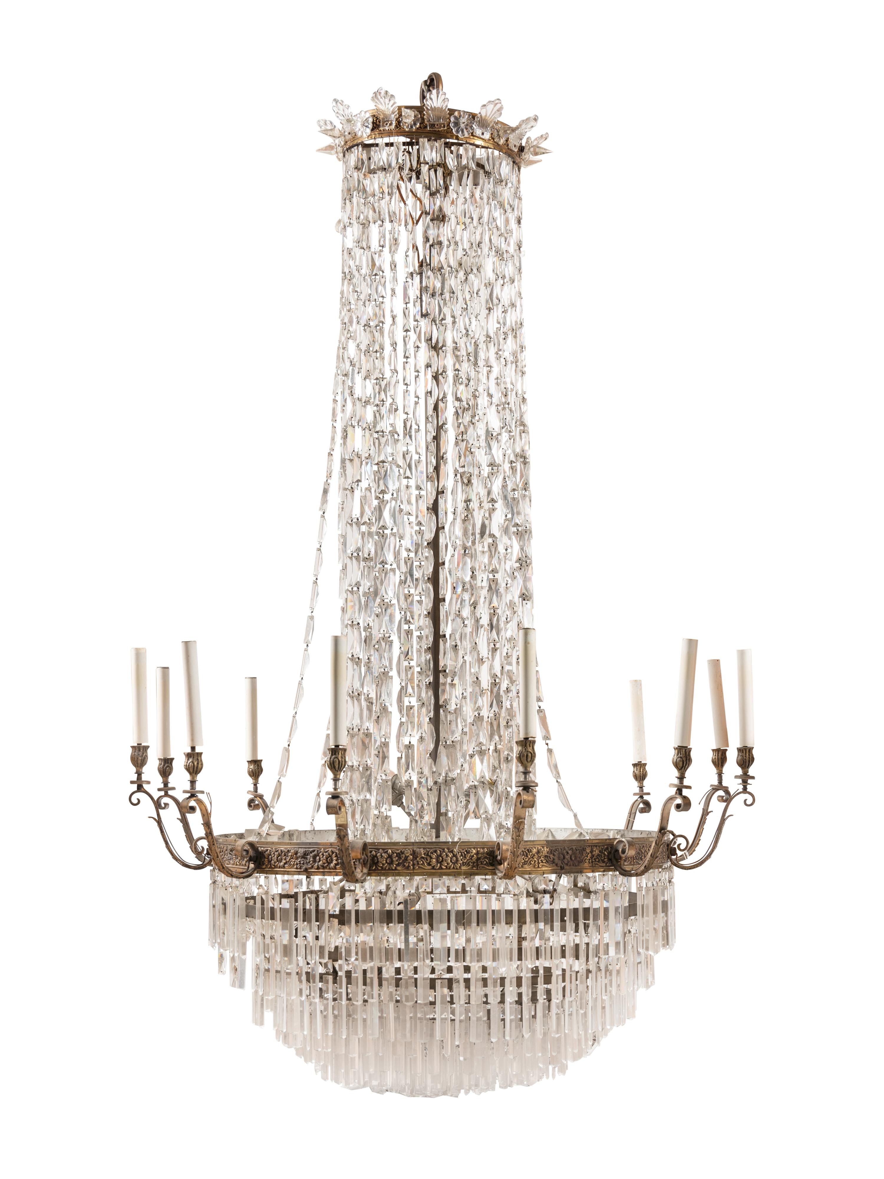 Two Large Gilt Metal and Cut Glass Chandeliers from the Embassy of Italy, Washington, D.C.