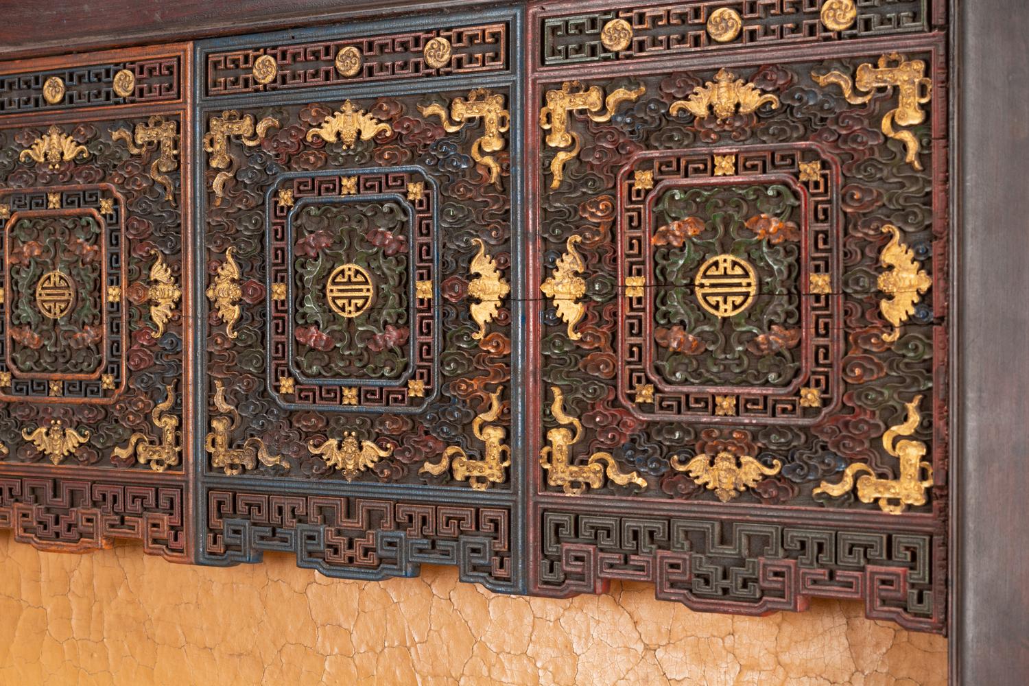 A Pair of Large Chinese Export Cloisonné and Hardstone-Mounted Floor Screens
