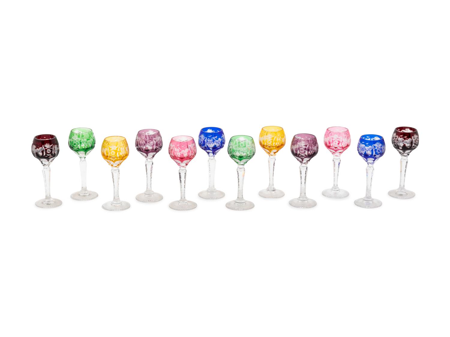 A Set of Twelve Bohemian Cut-to-Clear Colored Glass Cordials